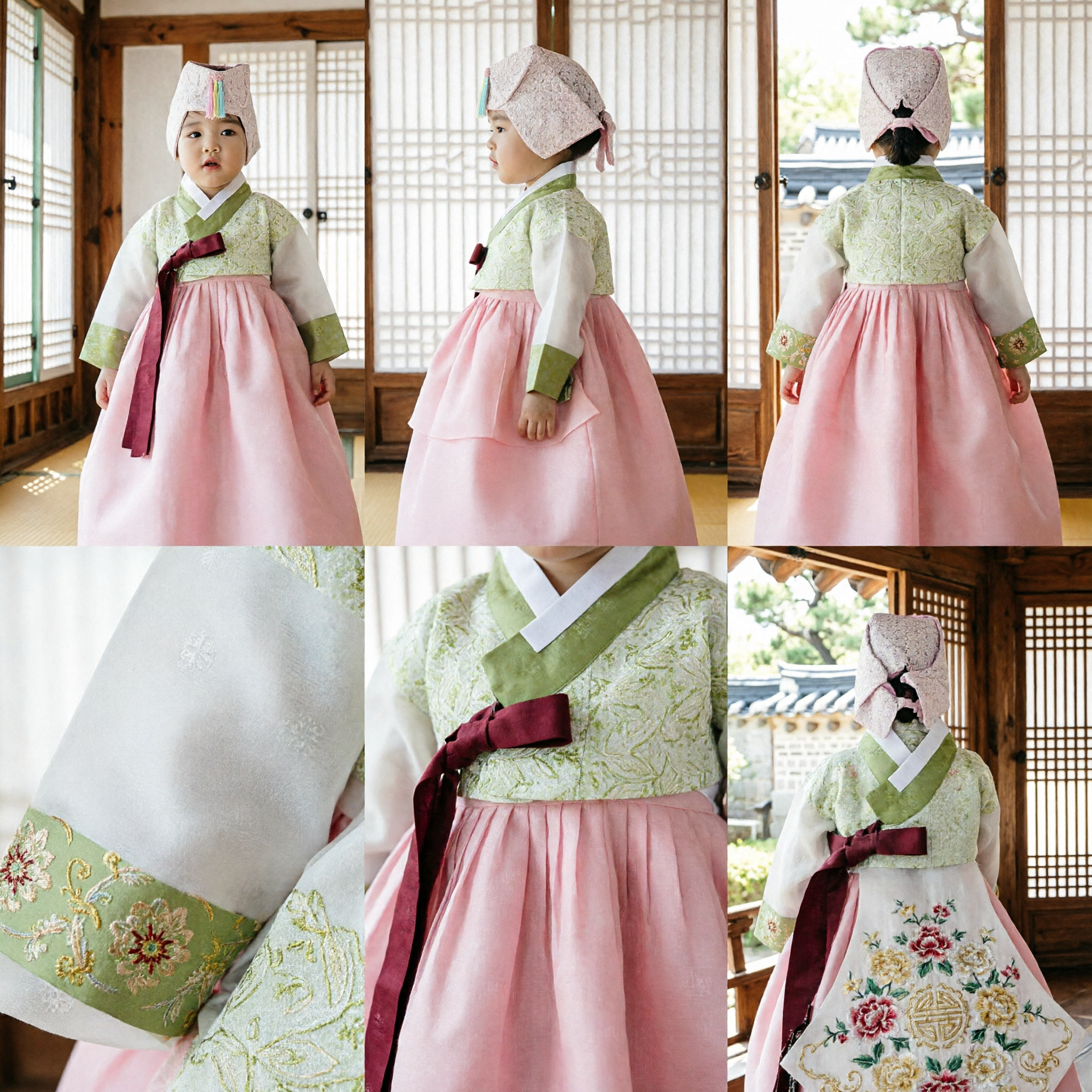 Traditional Korean Hanbok Set for Toddler Girls Pink Skirt Green Top First Birthday Costume - Asian Costume