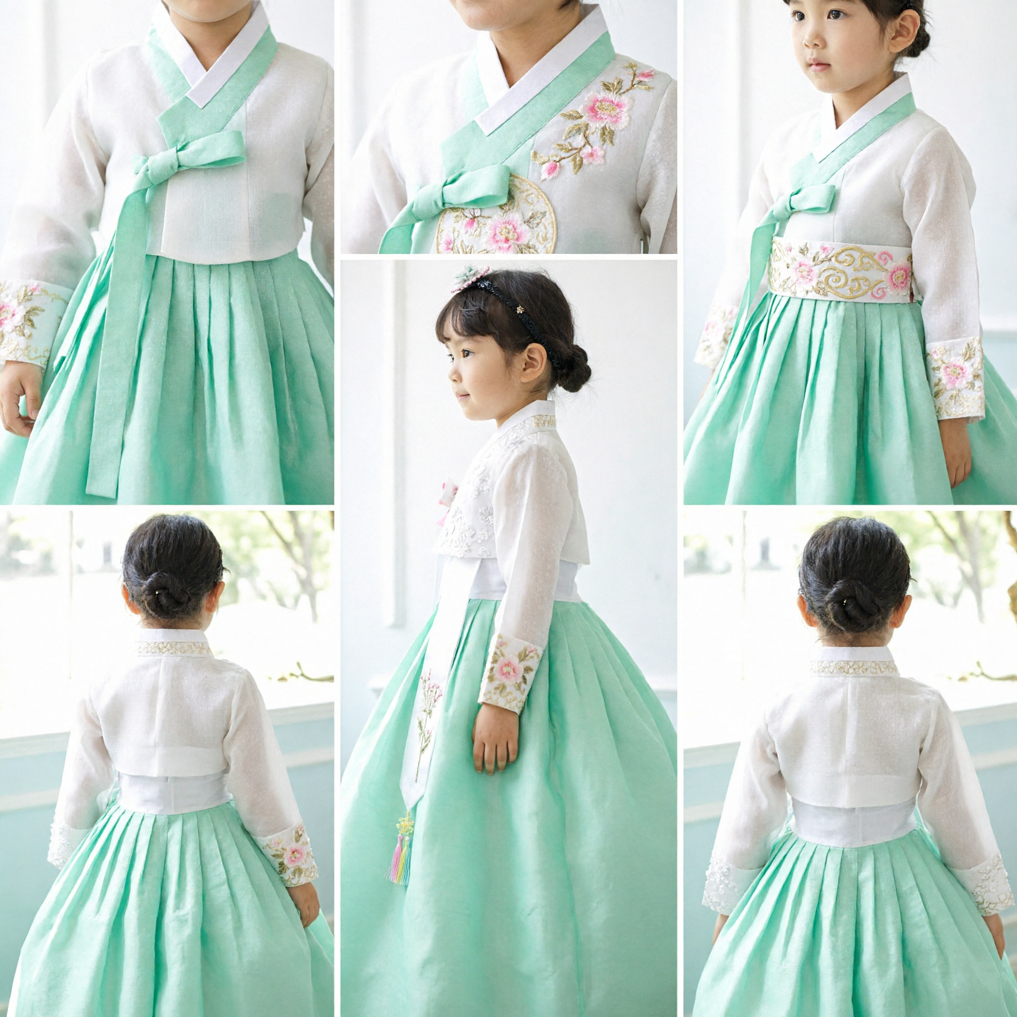 Kids Traditional Korean Hanbok Mint Green and White Dress for Girls Wedding Birthday Party - Asian Costume