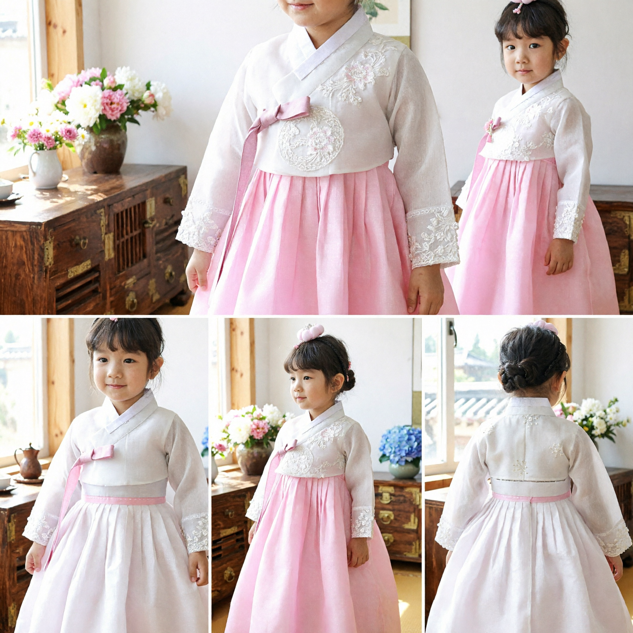 Kids Korean Traditional Hanbok Dress Girls Pink Chima White Lace Jeogori Cultural Party Costume - Asian Costume