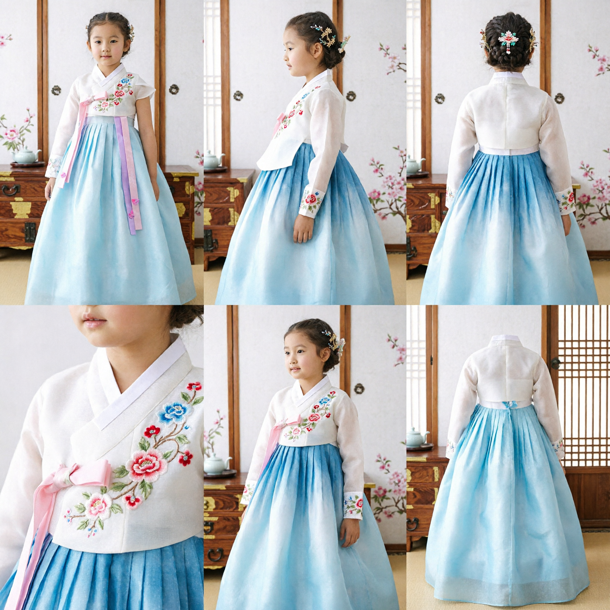 Girls Traditional Korean Hanbok Dress Blue Skirt White Lace Top Formal Party Wear for Kids - Asian Costume