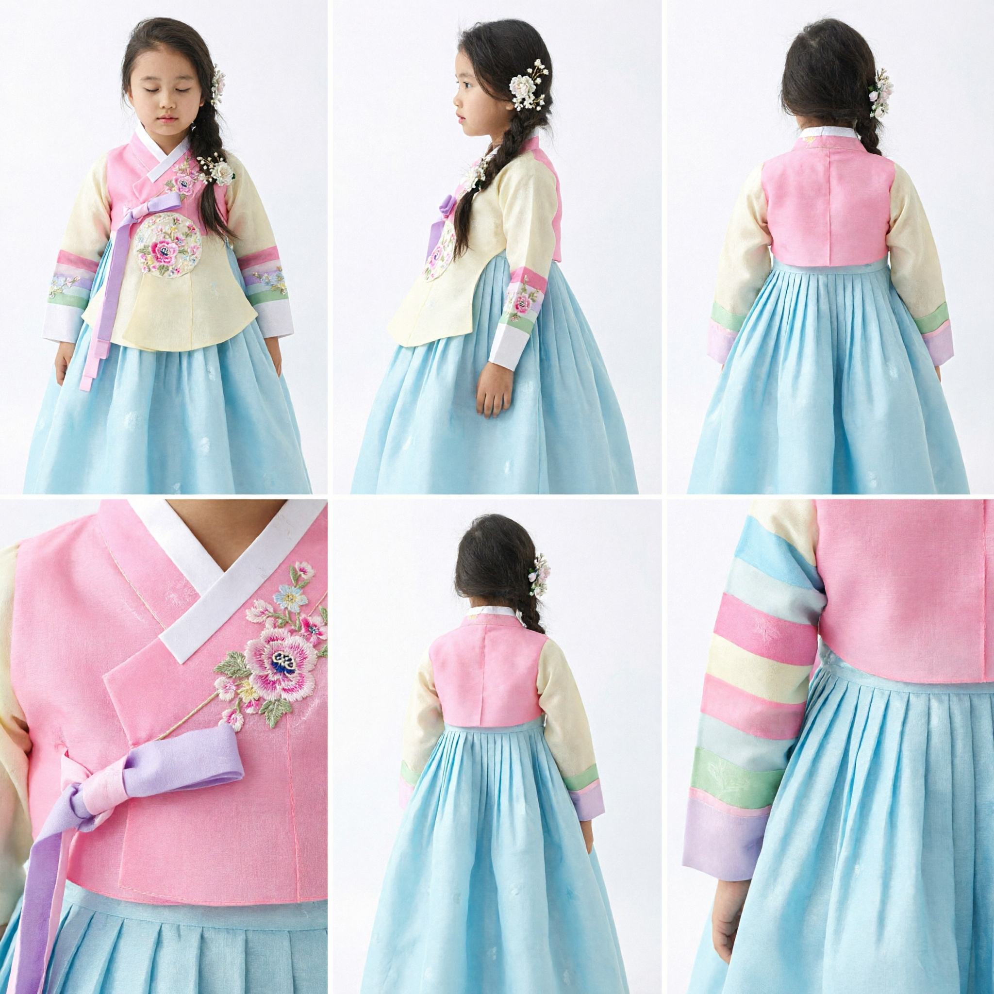 Girls Korean Traditional Hanbok Dress Pink Floral Top and Blue Skirt for Wedding Party Performance - Asian Costume