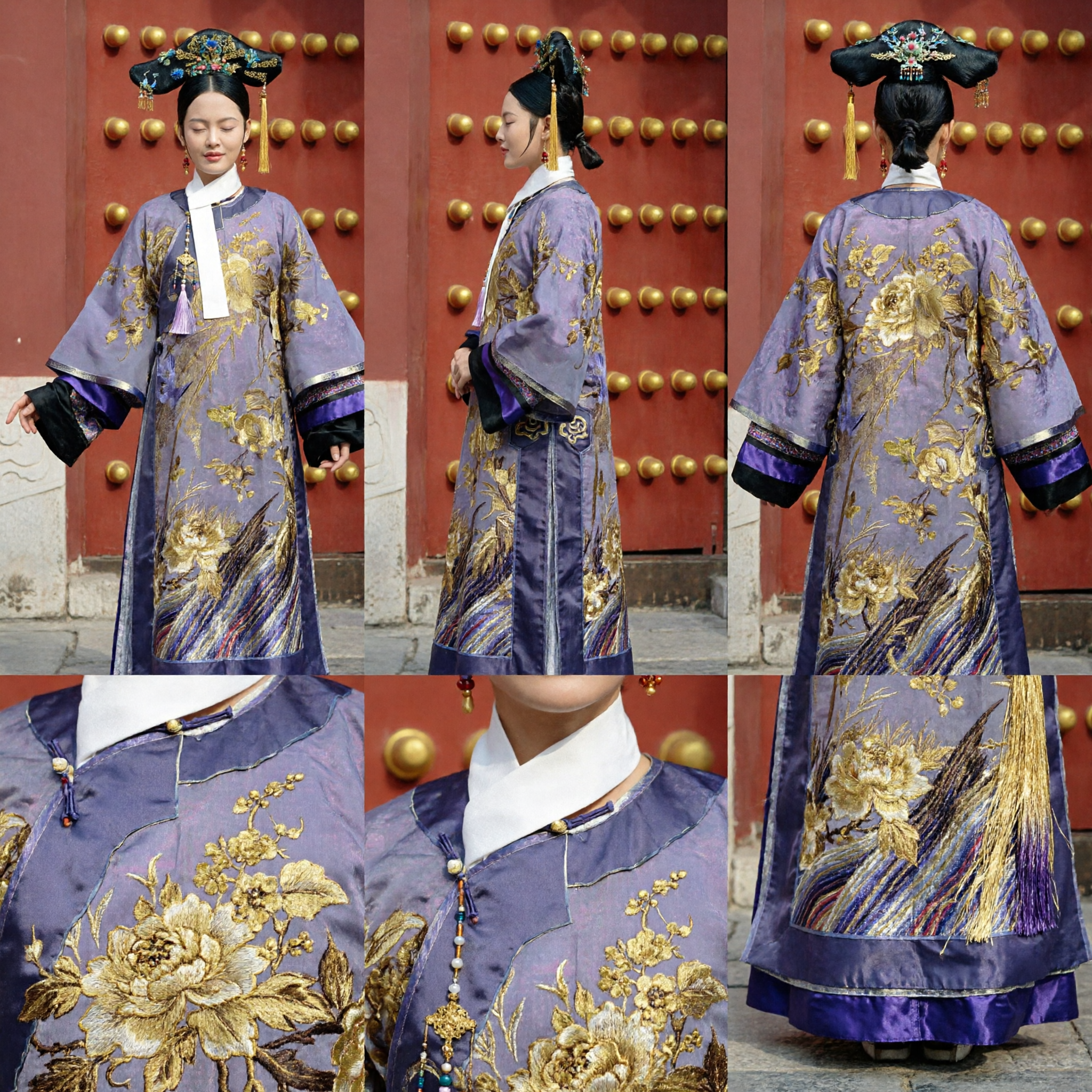 Ancient Chinese Qing Dynasty Manchu Princess Costume Purple Gold Embroidery Robe Traditional Dress for Women Cosplay - Asian Costume