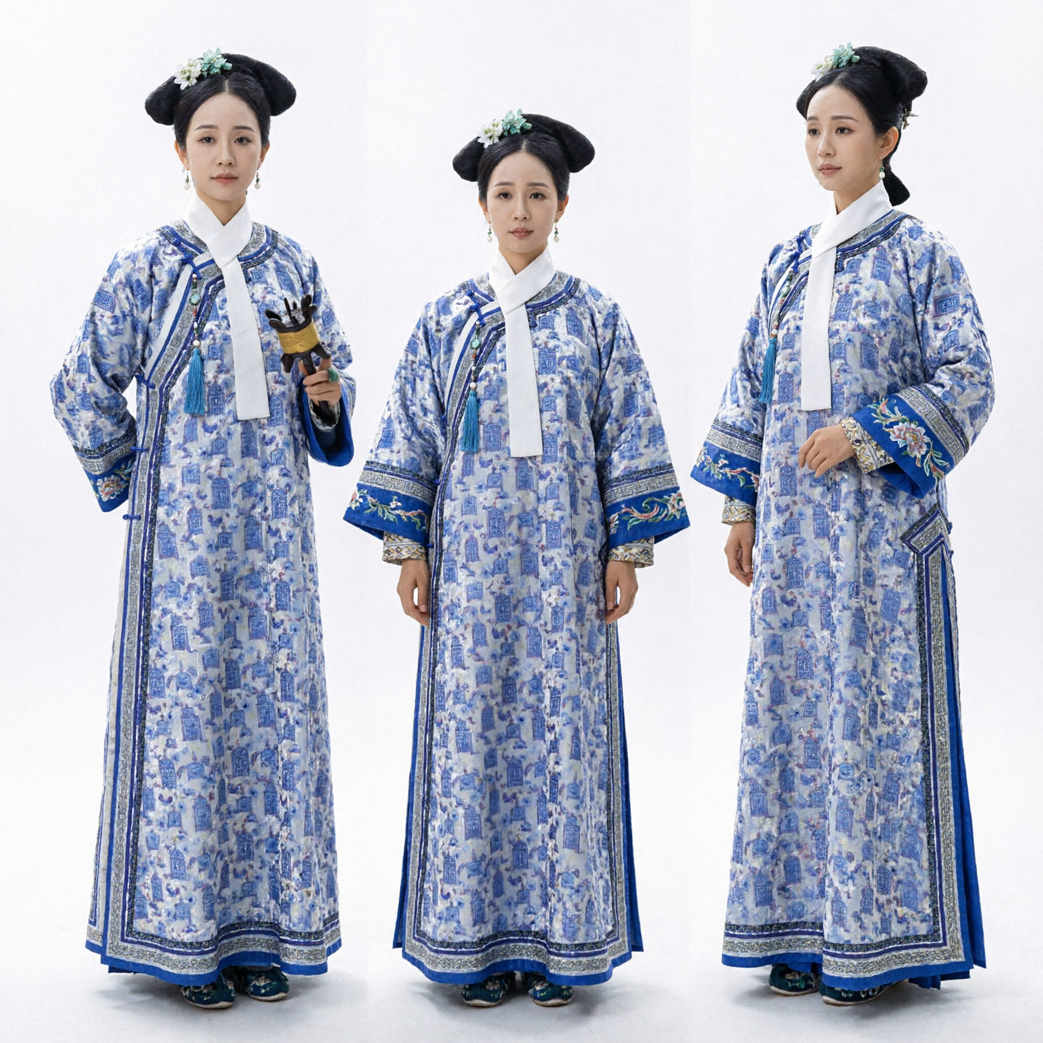 Traditional Chinese Qing Dynasty Palace Lady Costume Blue and White Patterned Manchu Dress for Women Cosplay - Asian Costume