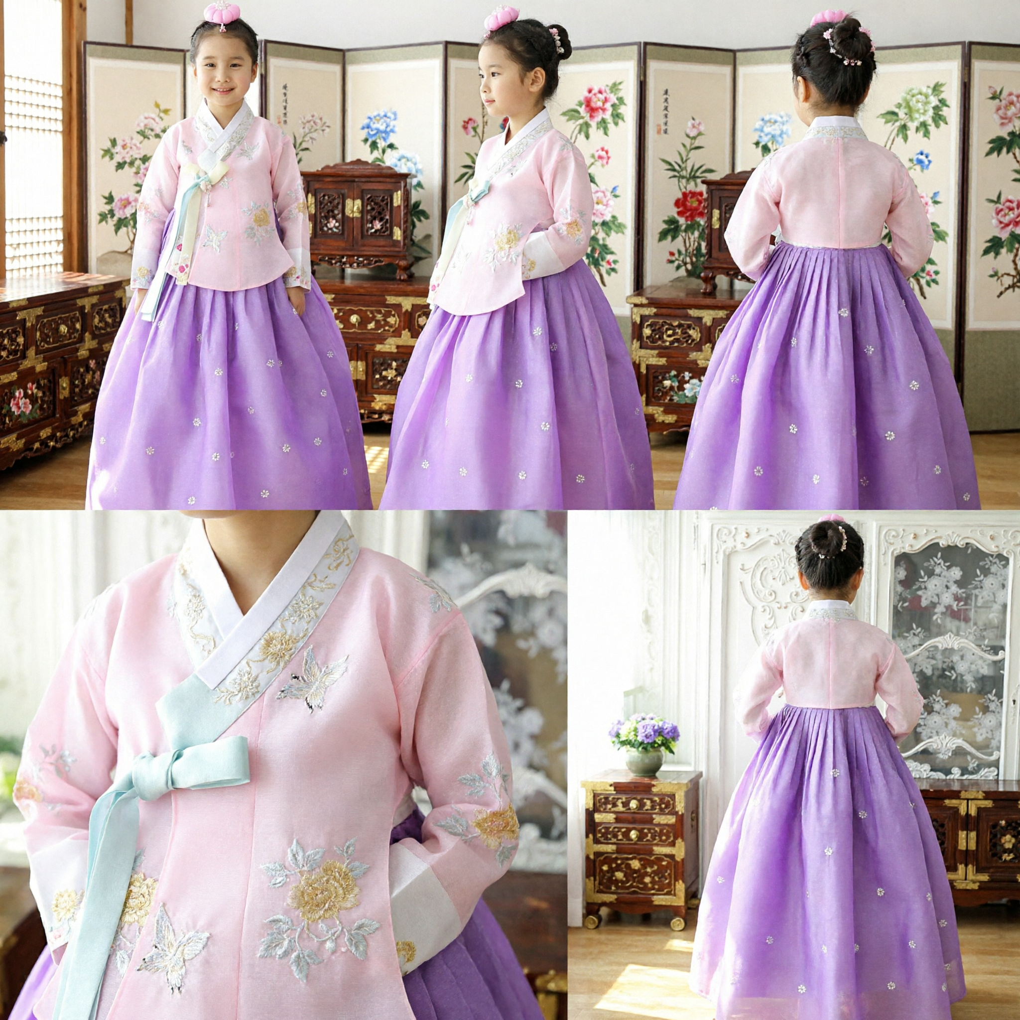 Elegant Kids Korean Hanbok Set Traditional Pink Top Purple Skirt for Girls Festival Wedding Party - Asian Costume