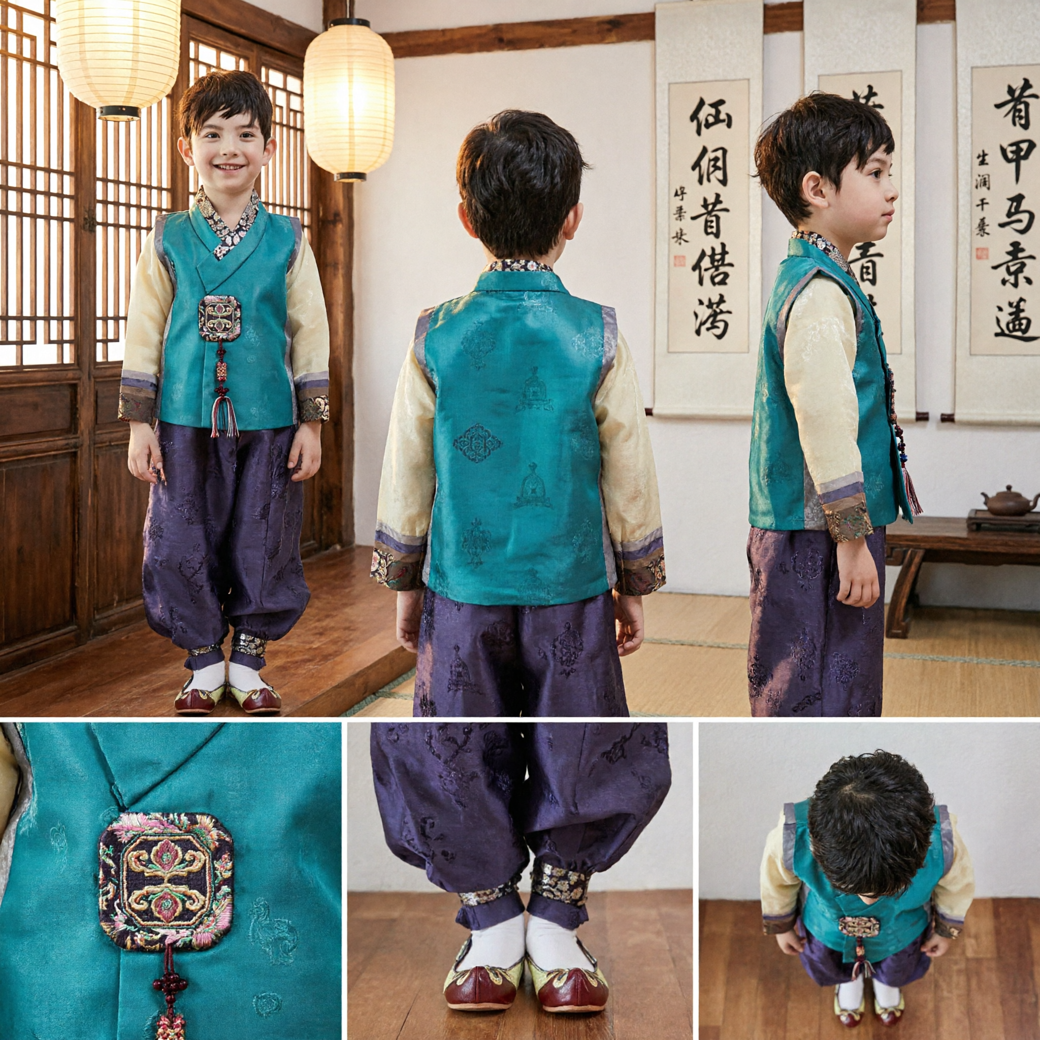 Boys Traditional Korean Hanbok Set Green Vest and Purple Baji Pants for Kids Holiday Festival - Asian Costume
