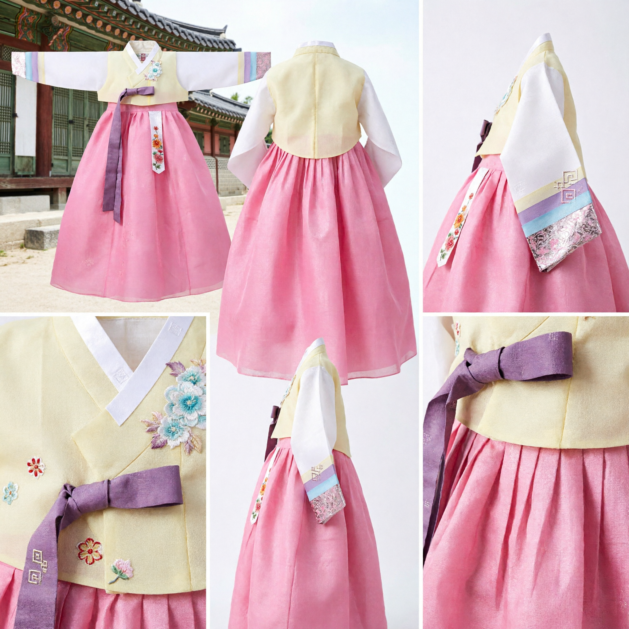 Girls Korean Traditional Hanbok Dress Yellow Top Pink Skirt Floral Embroidery Kids Costume for First Birthday Party - Asian Costume