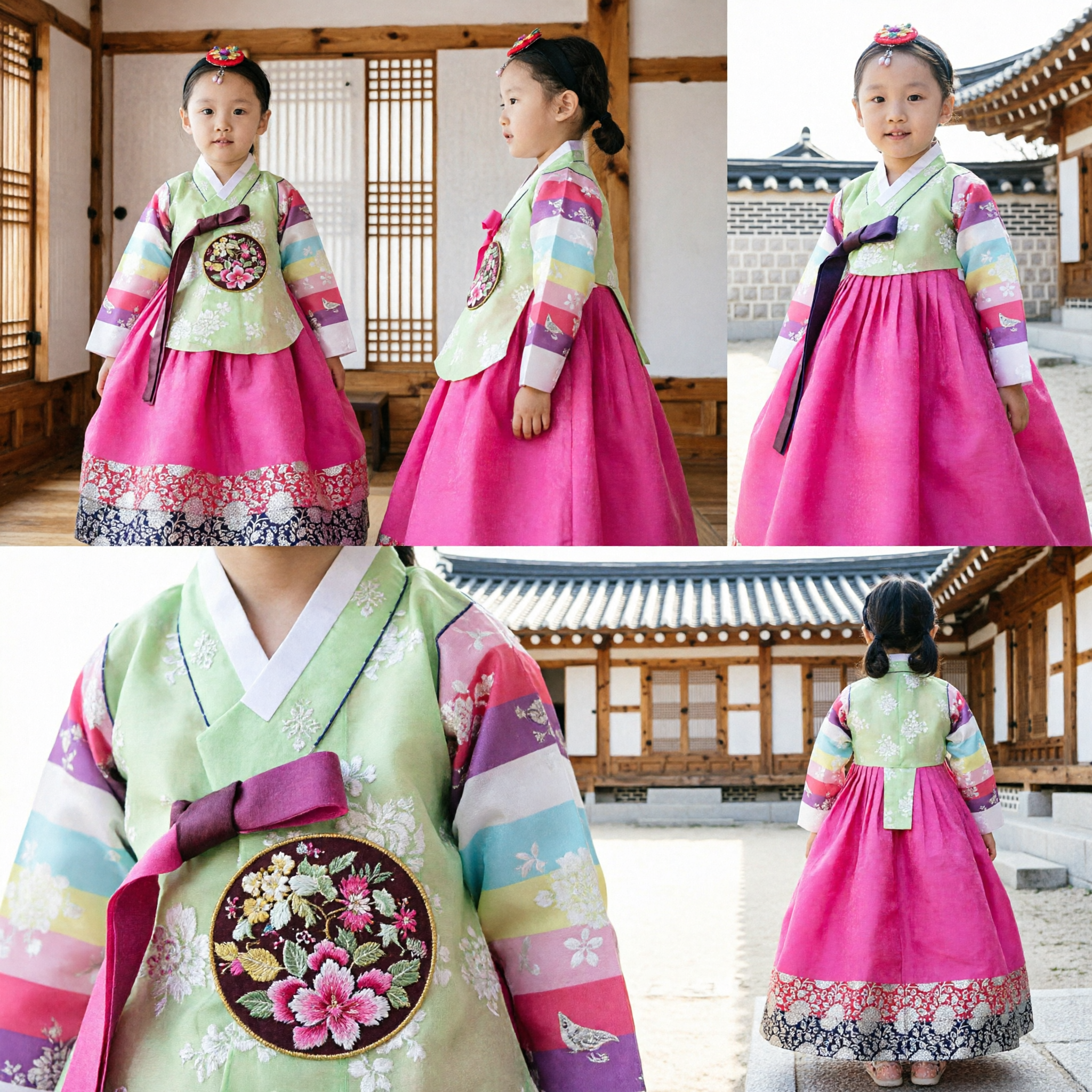 Traditional Korean Hanbok for Girls Kids Formal Dress Pink Chima Green Jeogori Festival Birthday Costume - Asian Costume