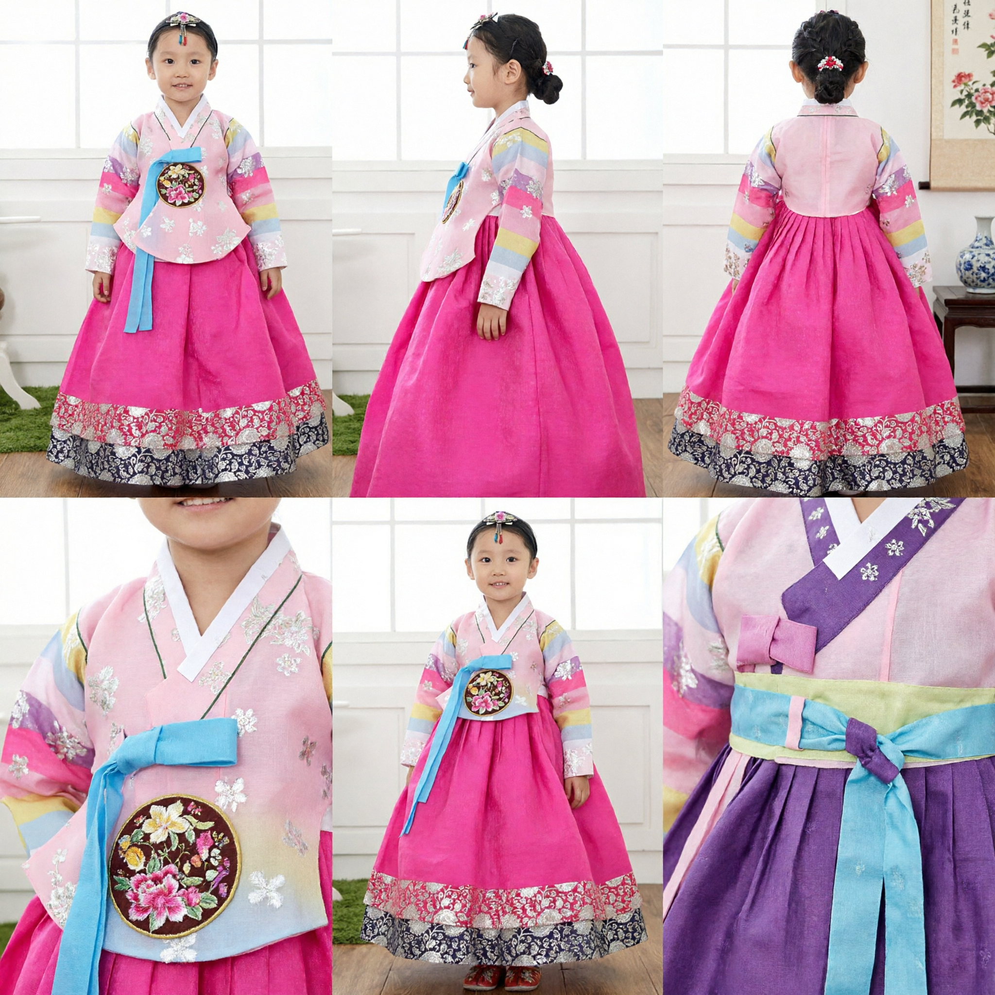 Girls Korean Traditional Hanbok Dress Pink Floral Top Magenta Skirt for Birthday Wedding Party - Asian Costume