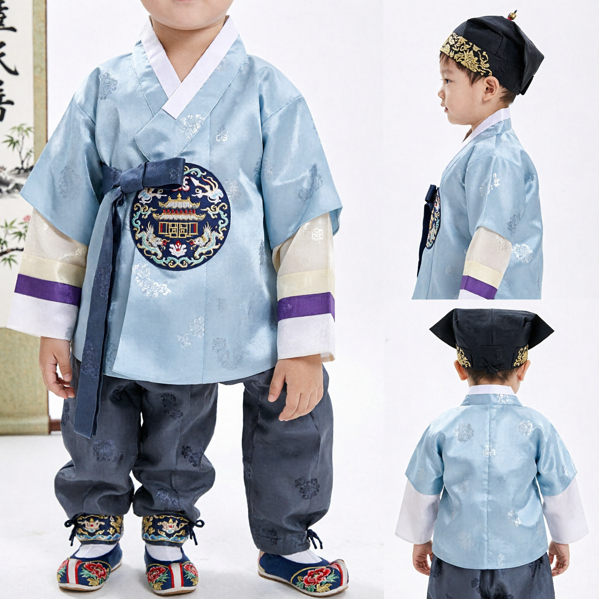 Traditional Korean Hanbok for Boys Kids Blue Jeogori Set with Hat for First Birthday Doljanchi - Asian Costume