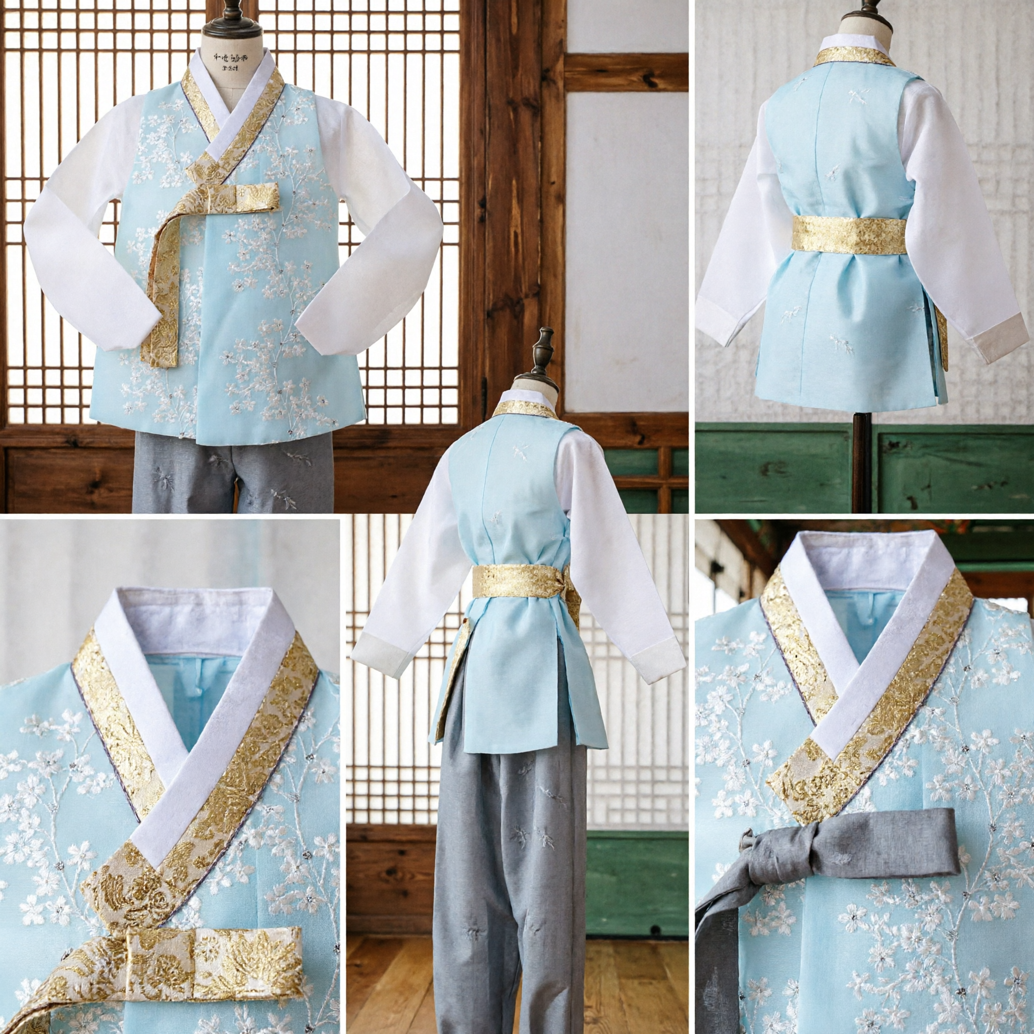 Traditional Korean Hanbok for Boys Blue Vest with Gold Embroidery Kids Formal Costume for Weddings - Asian Costume