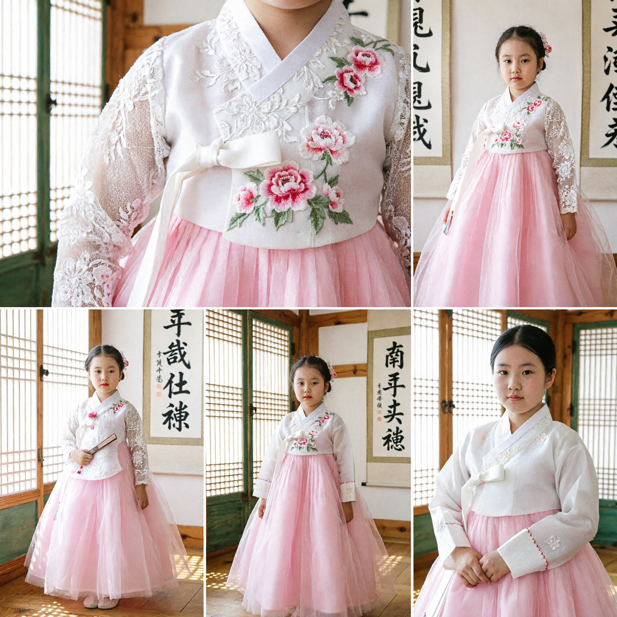 Kids Korean Traditional Hanbok Dress White Lace Top Pink Tulle Skirt for Girls Wedding Party Costume - Asian Costume