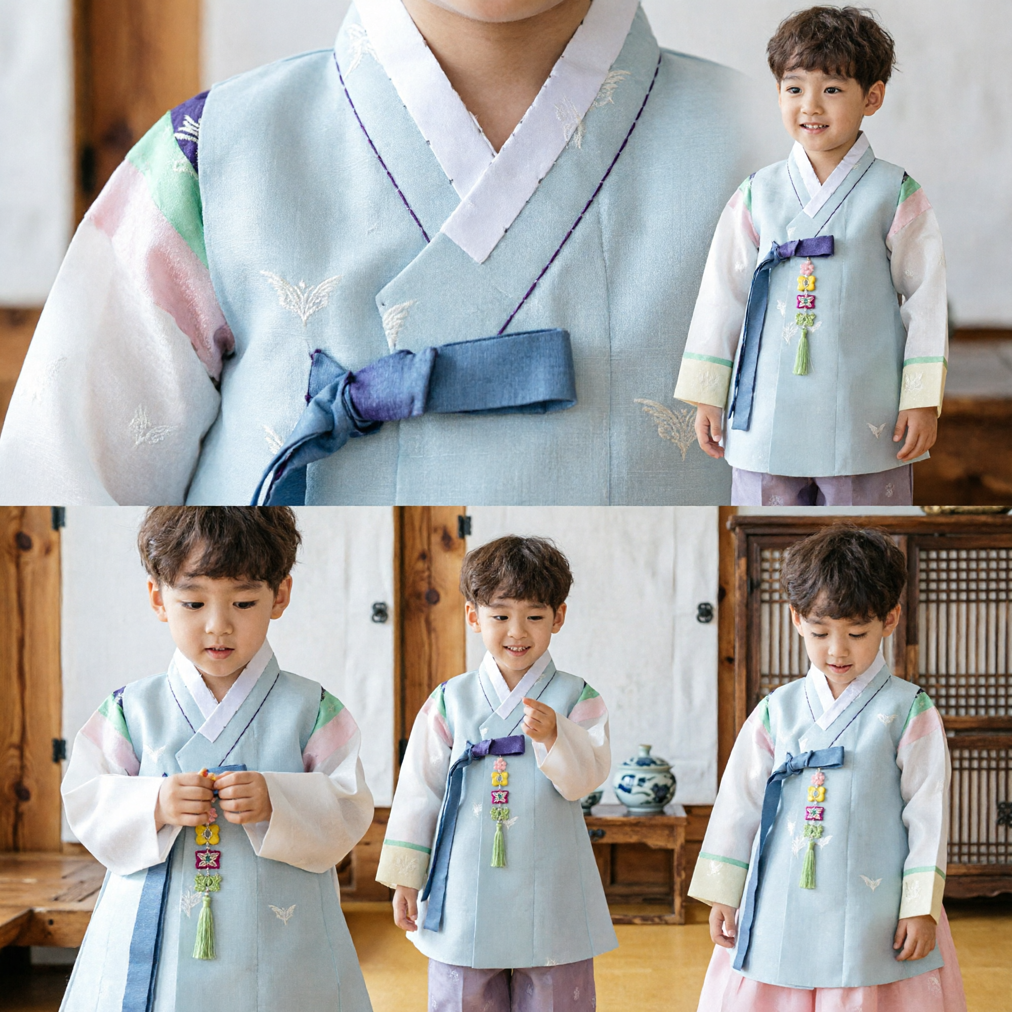 Traditional Korean Hanbok for Boys Light Blue Jeogori and Pink Baji Set for Kids Wedding Party - Asian Costume