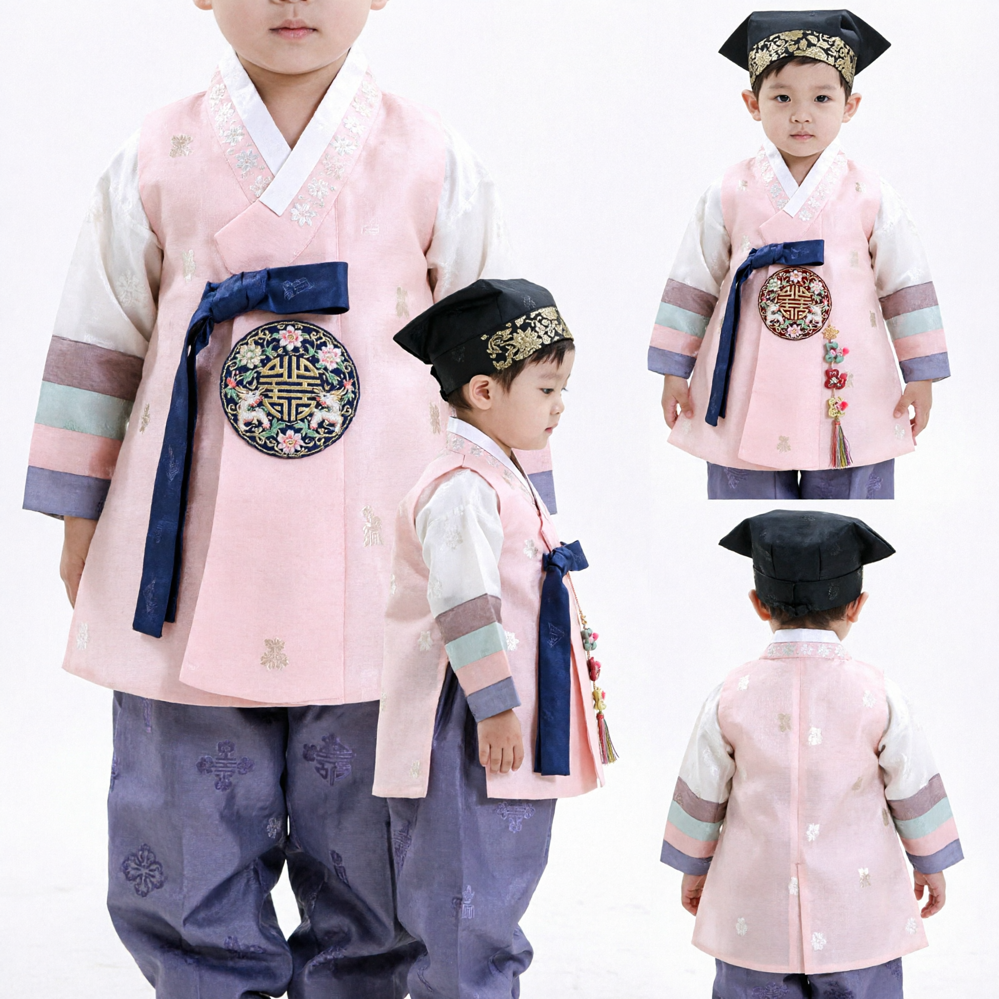 Toddler Boy Pink Korean Hanbok Set Traditional Costume with Hat for First Birthday Dol Party - Asian Costume