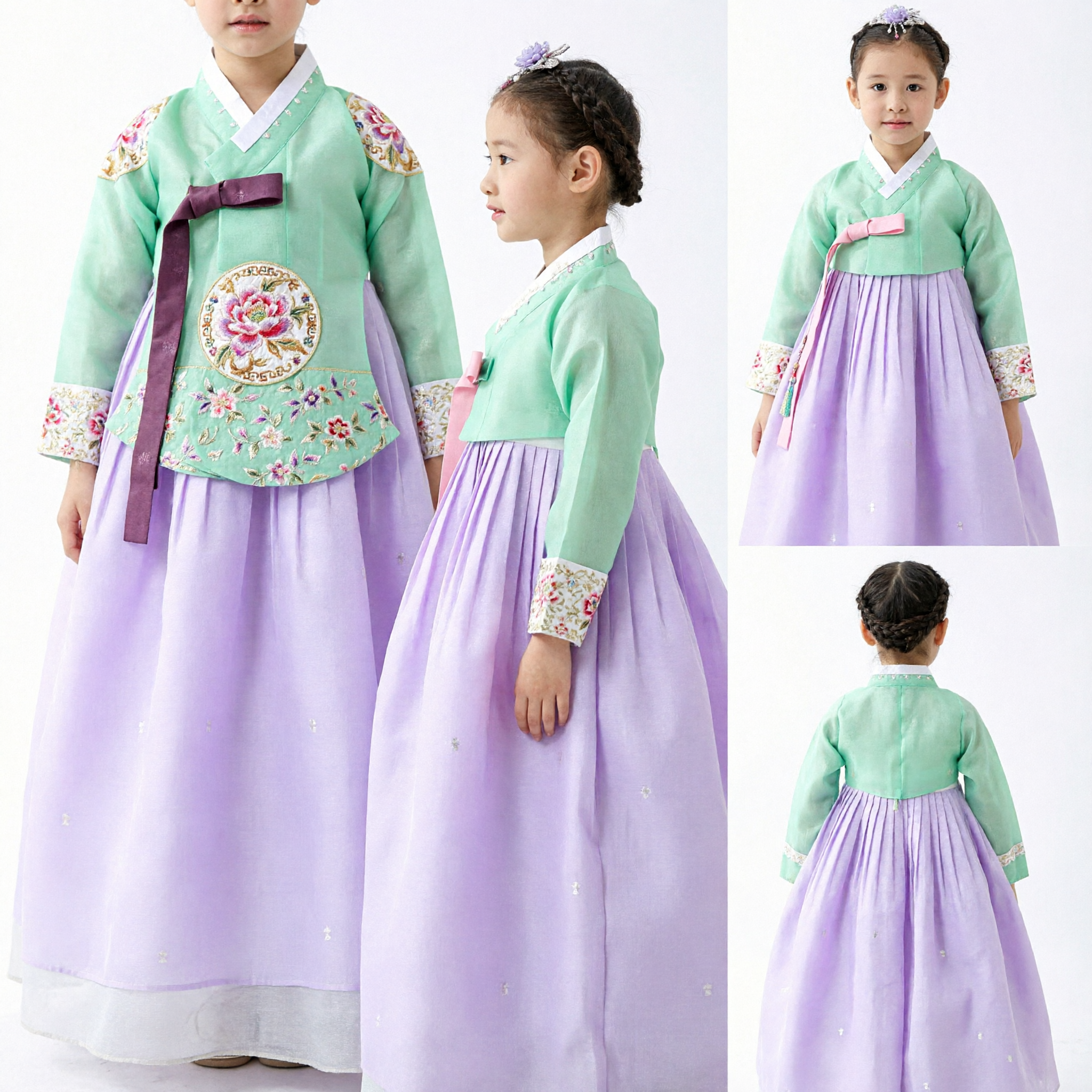 Traditional Korean Hanbok for Girls Mint Green Jeogori Purple Chima Dress for Birthday Party - Asian Costume