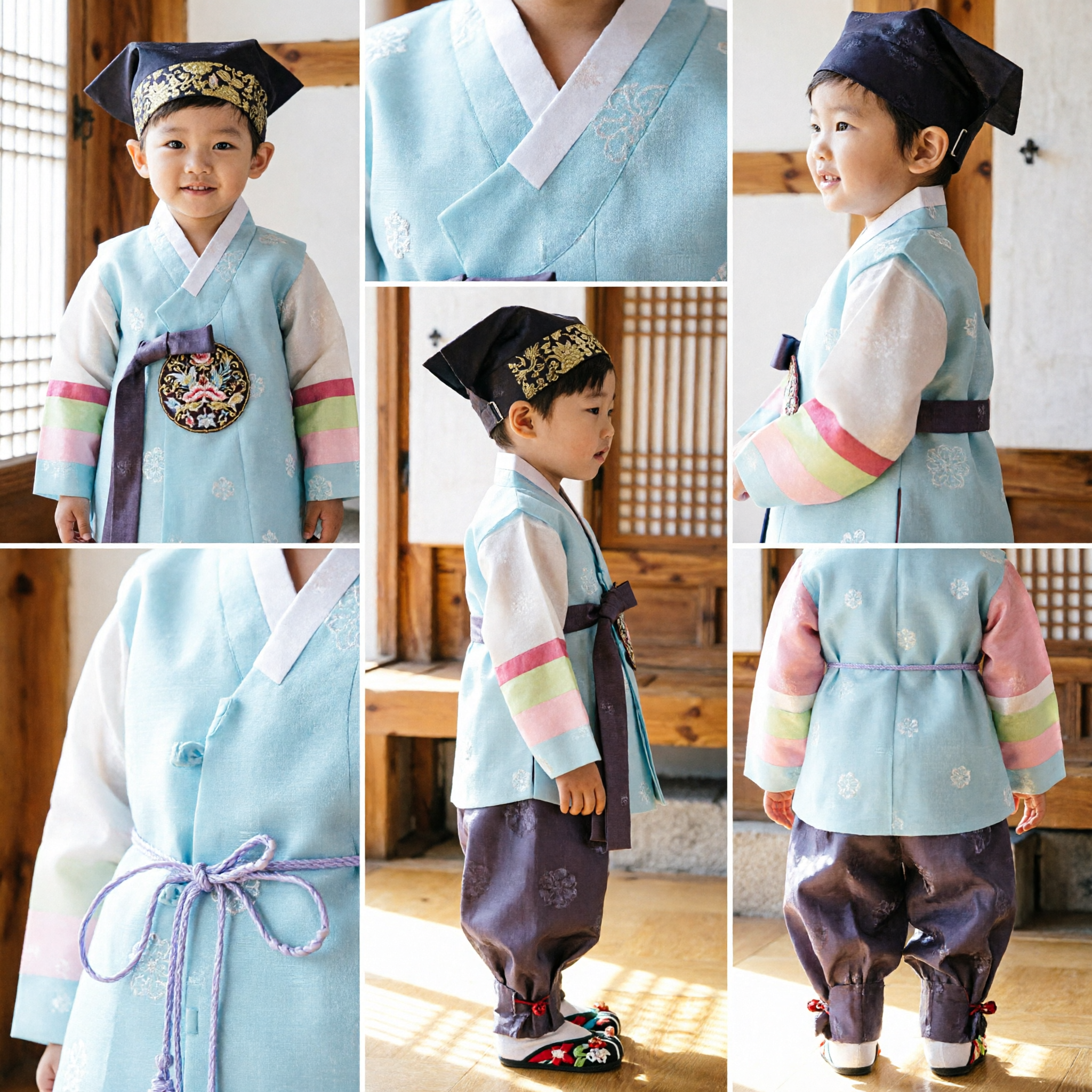 Traditional Korean Hanbok for Boys Light Blue Jeogori and Hat Set Kids Wedding Party Costume - Asian Costume