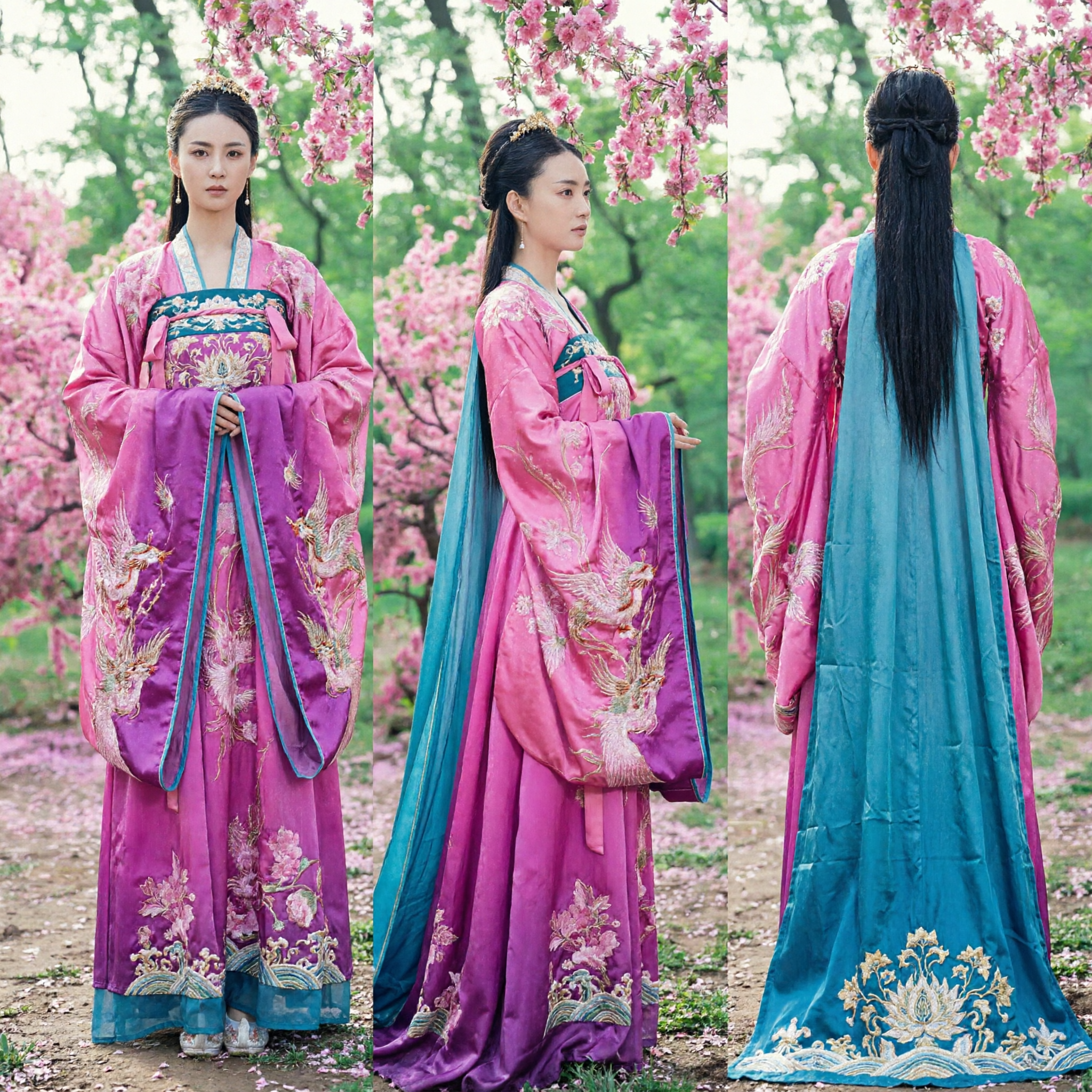 Elegant Pink Traditional Chinese Hanfu Tang Dynasty Princess Dress with Blue Robe Ancient Costume for Women - Asian Costume