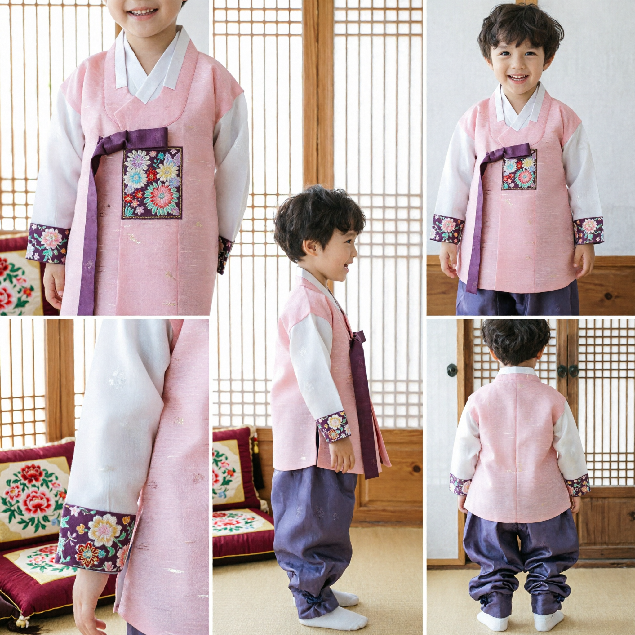 Kids Korean Traditional Hanbok Set Pink Jeogori and Purple Baji Pants for Boys Special Occasions - Asian Costume