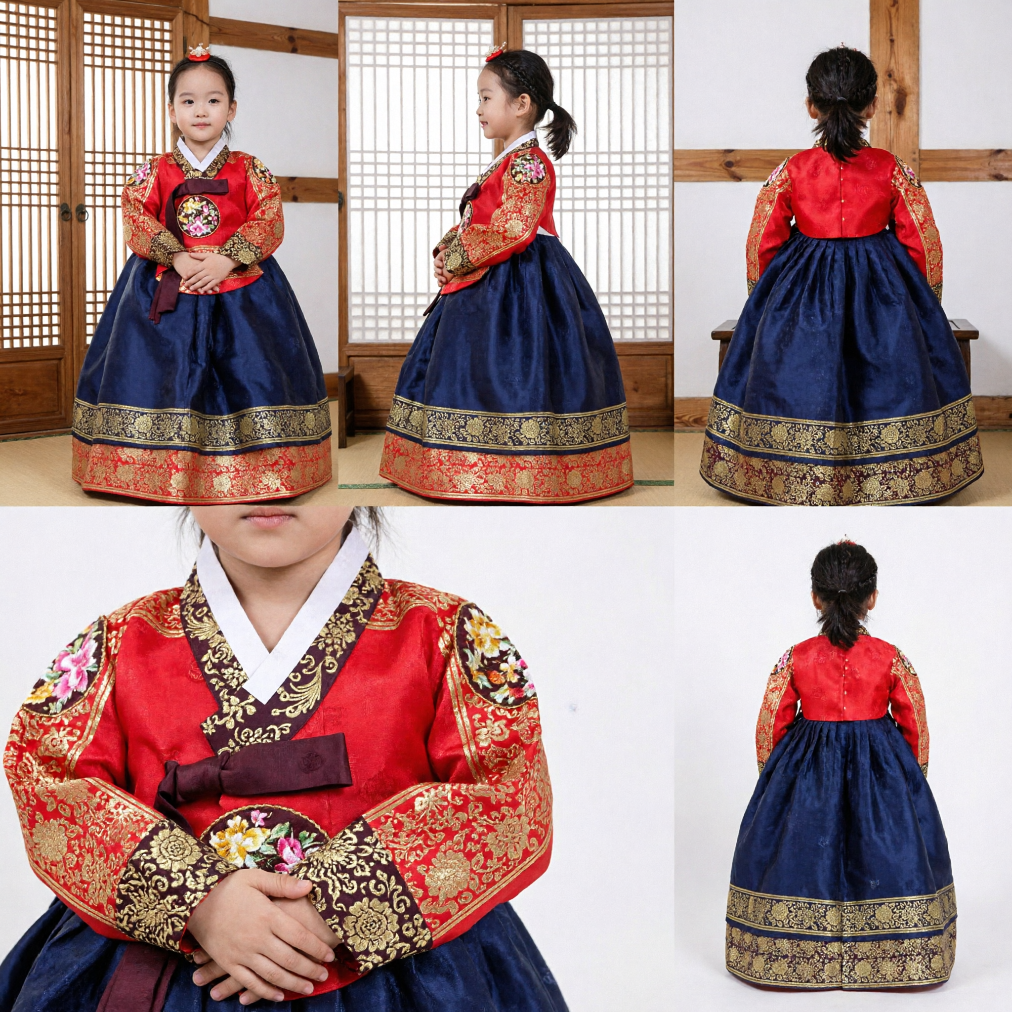 Girls Korean Traditional Hanbok Dress Red Gold Embroidery Blue Skirt Kids Wedding Holiday Party Costume - Asian Costume