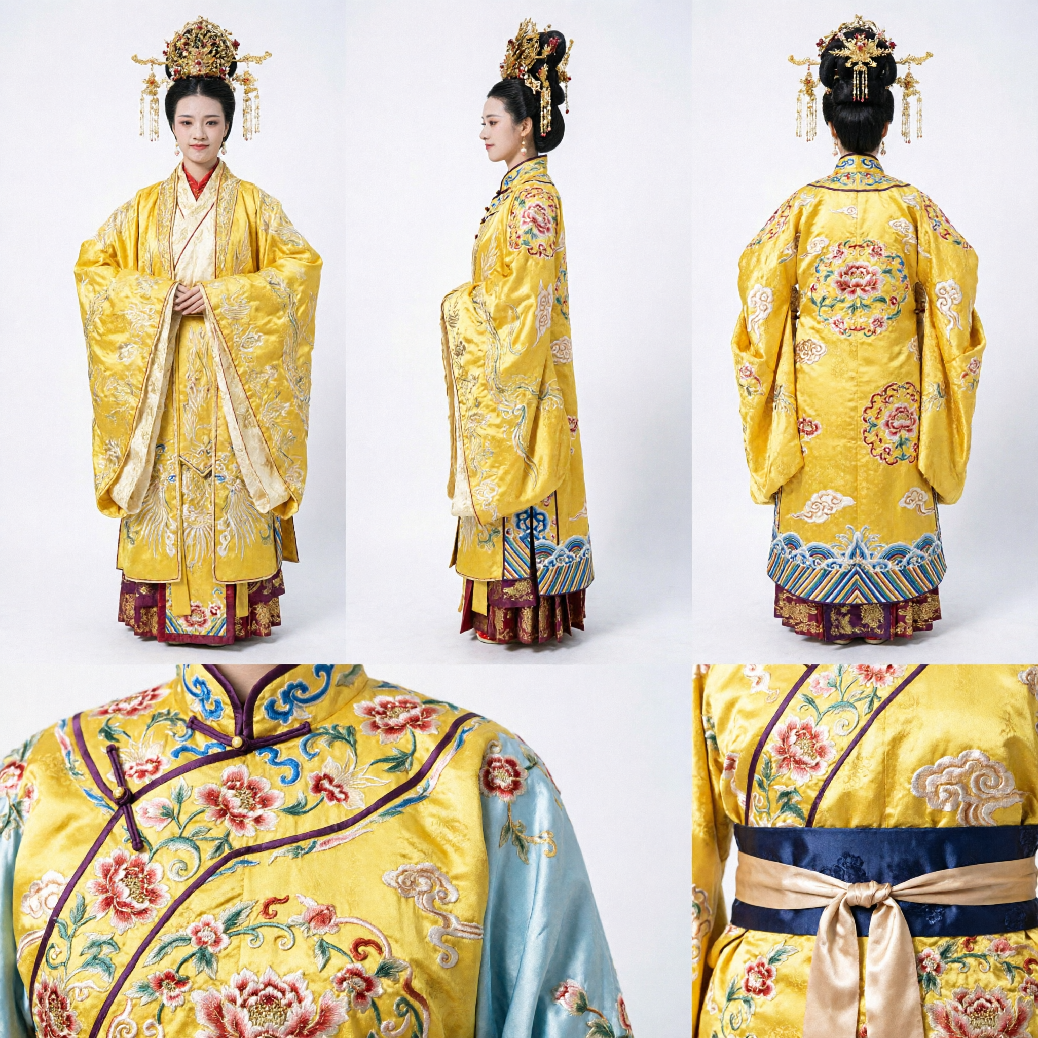 Ancient Chinese Yellow Hanfu Costume Traditional Embroidered Robe with Headdress for Women Historical Cosplay - Asian Costume
