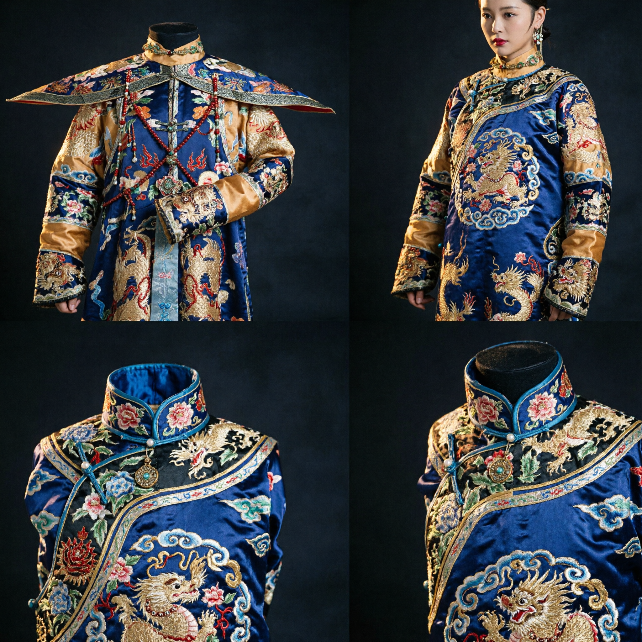 Traditional Chinese Qing Dynasty Empress Court Robe Blue Dragon Chao Fu Costume with Headdress for Women - Asian Costume