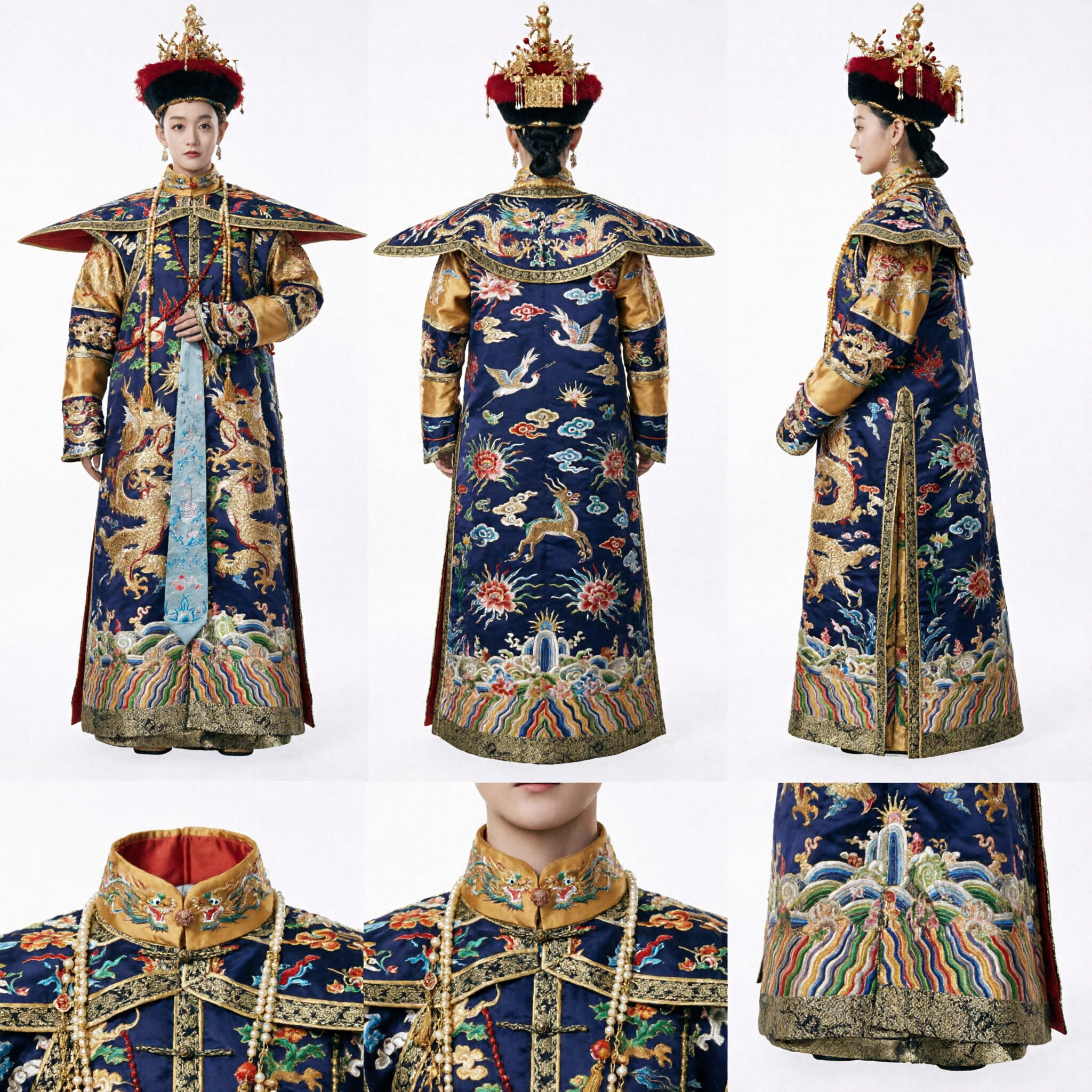 Traditional Chinese Qing Dynasty Empress Dragon Robe Chao Fu Costume with Headdress for Women Cosplay Performance - Asian Costume