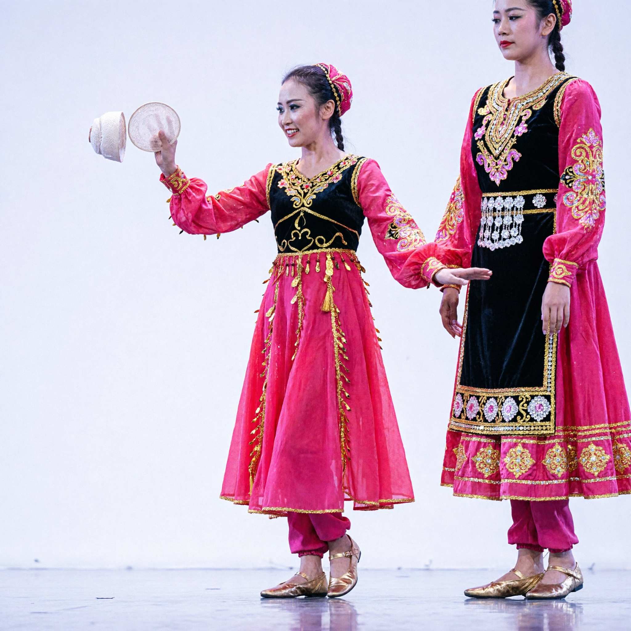 Traditional Chinese Xinjiang Uyghur Folk Dance Costume for Women Pink Stage Performance Dress Set - Asian Costume