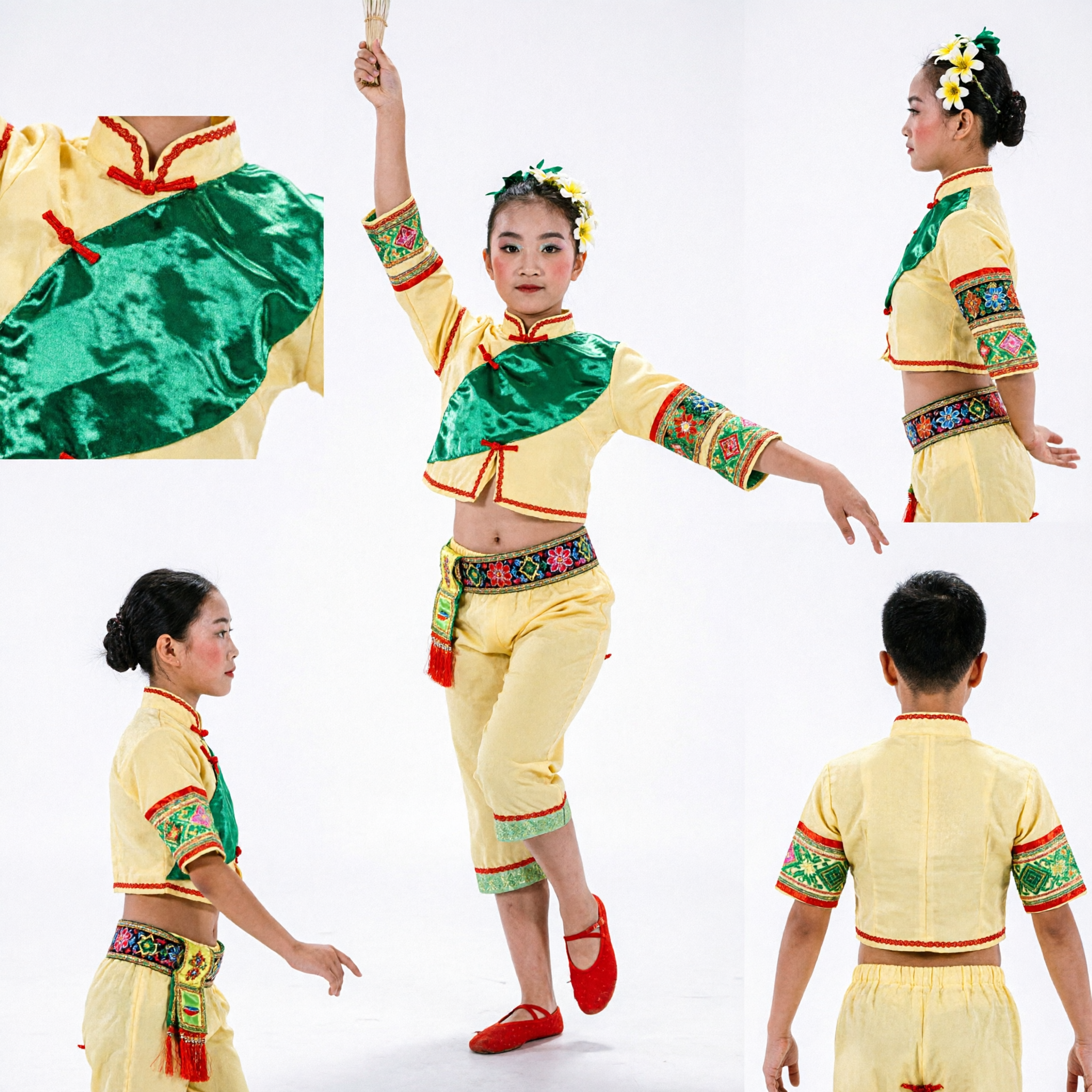 Girls Chinese Folk Dance Costume Yellow Green Leaf Pattern Top and Trousers for Stage Performance Competition - Asian Costume