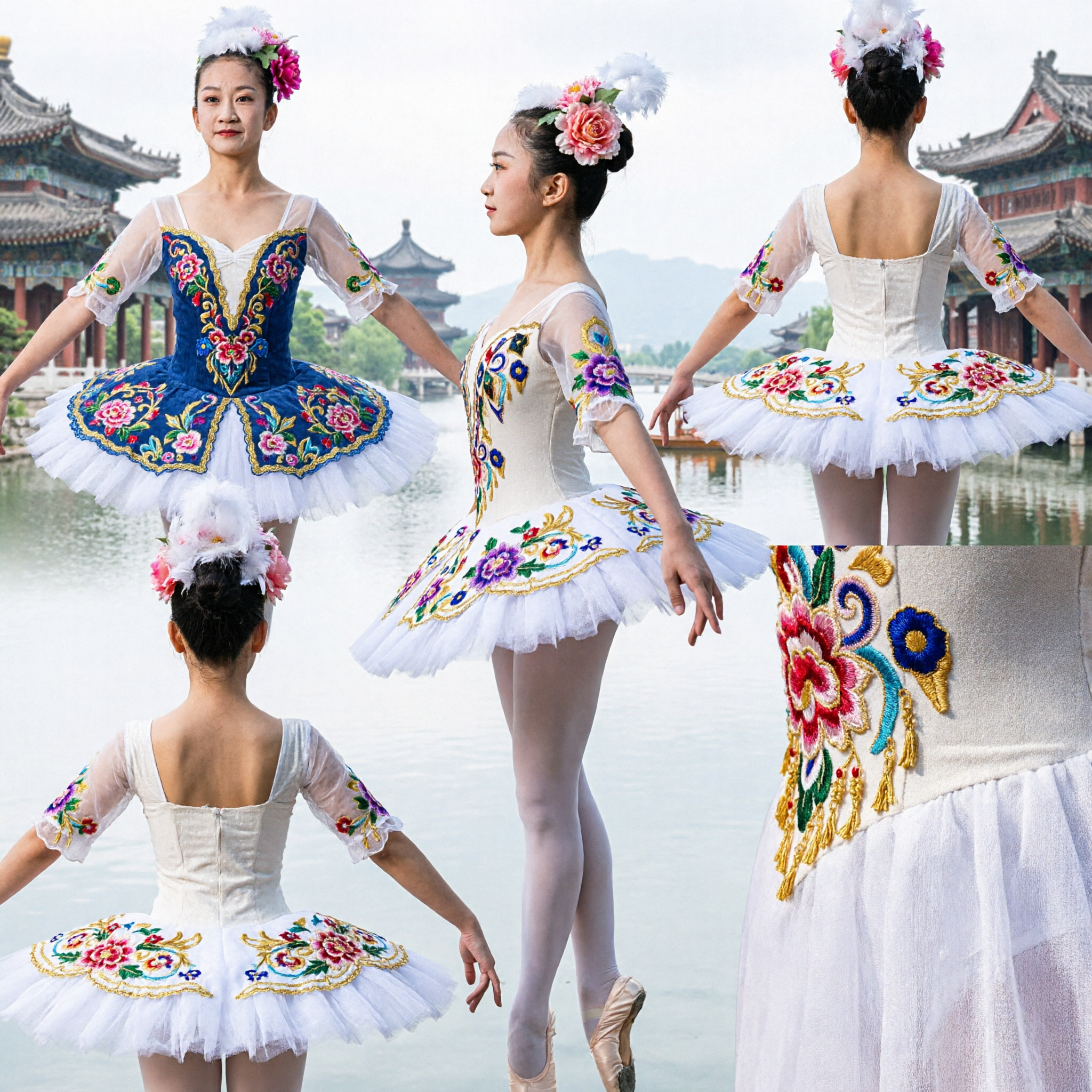 White Floral Embroidery Ballet Tutu Dress for Girls Kids Chinese Folk Dance Stage Performance Costume - Asian Costume