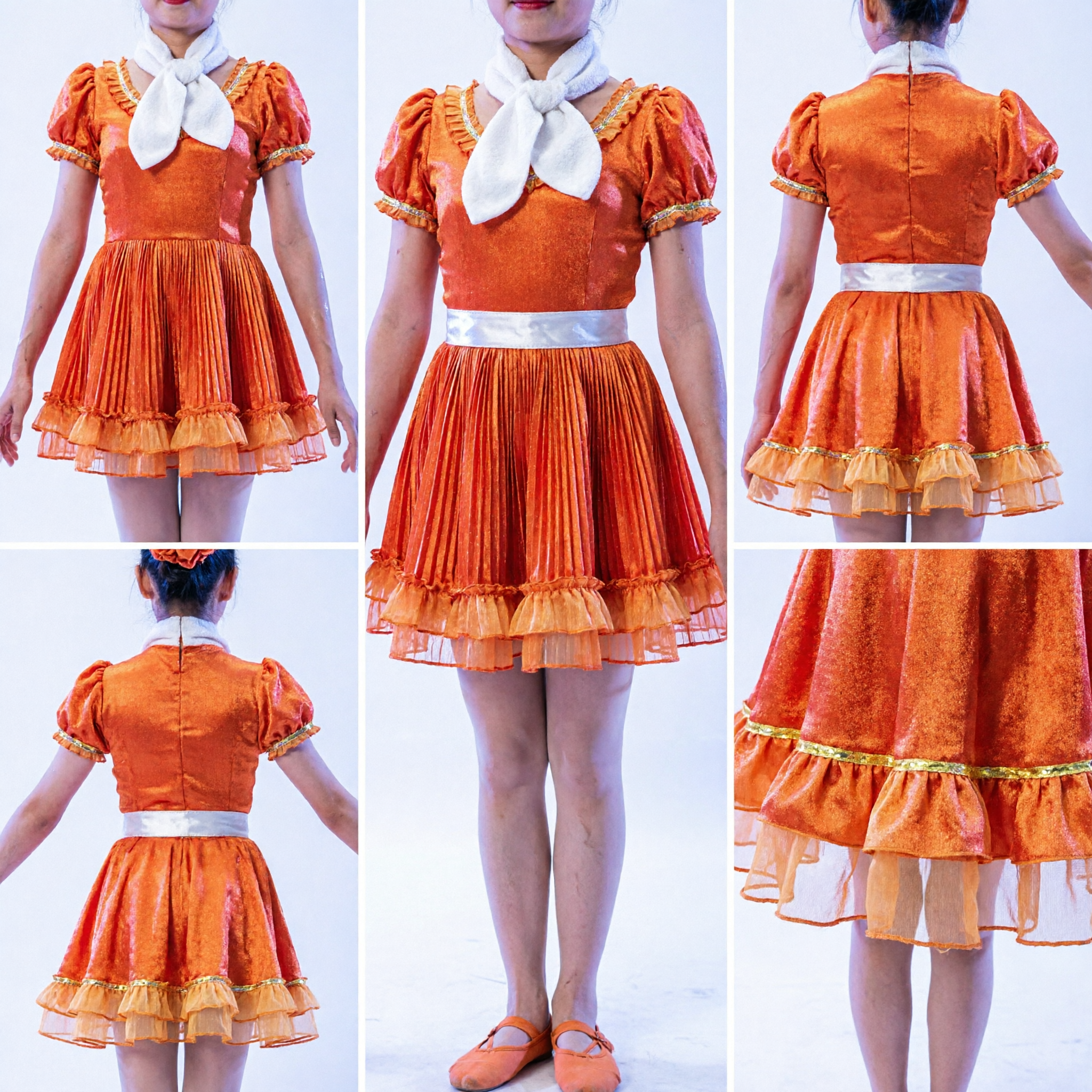 Traditional Chinese Dance Costume for Girls Orange Dress Red Scarf Stage Performance Uniform Group Set - Asian Costume