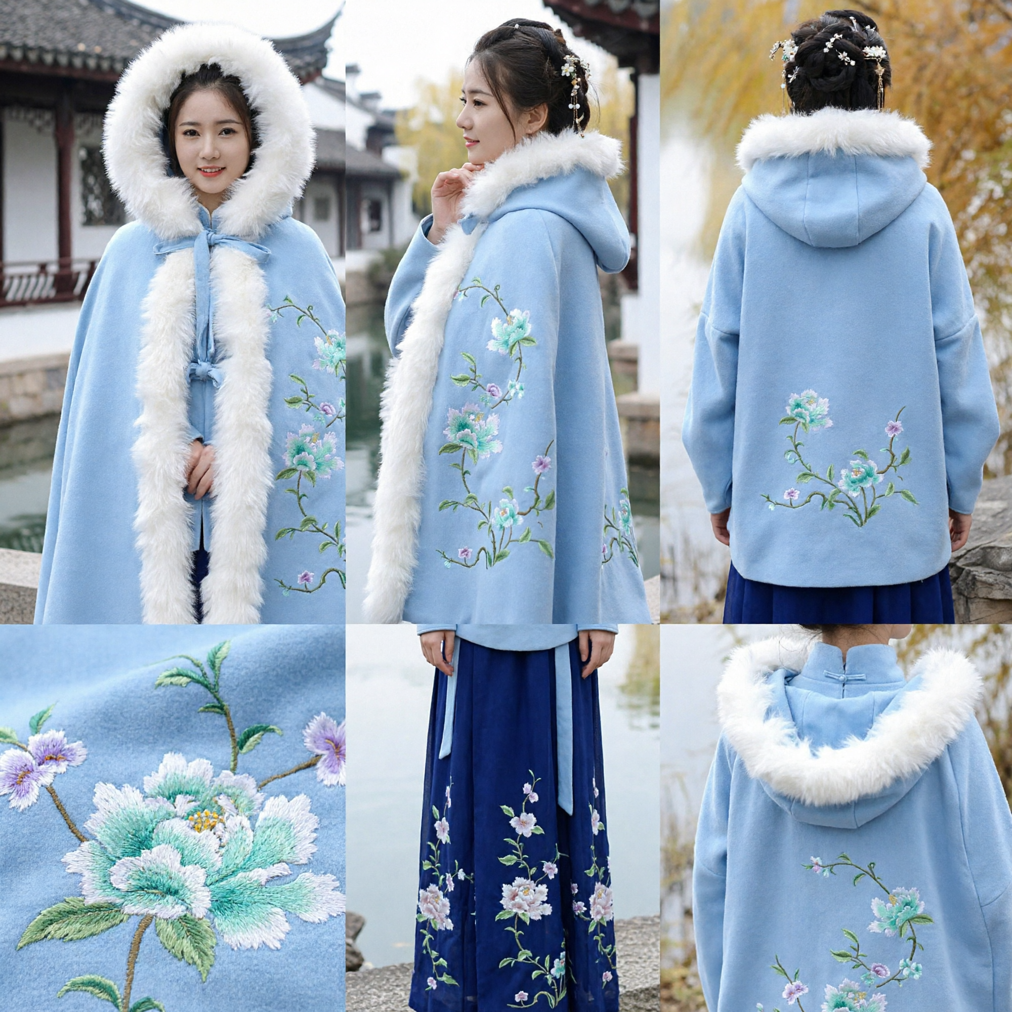 Traditional Chinese Hanfu Winter Cloak Blue Wool Cape with White Fur Trim and Floral Embroidery for Women - Asian Costume
