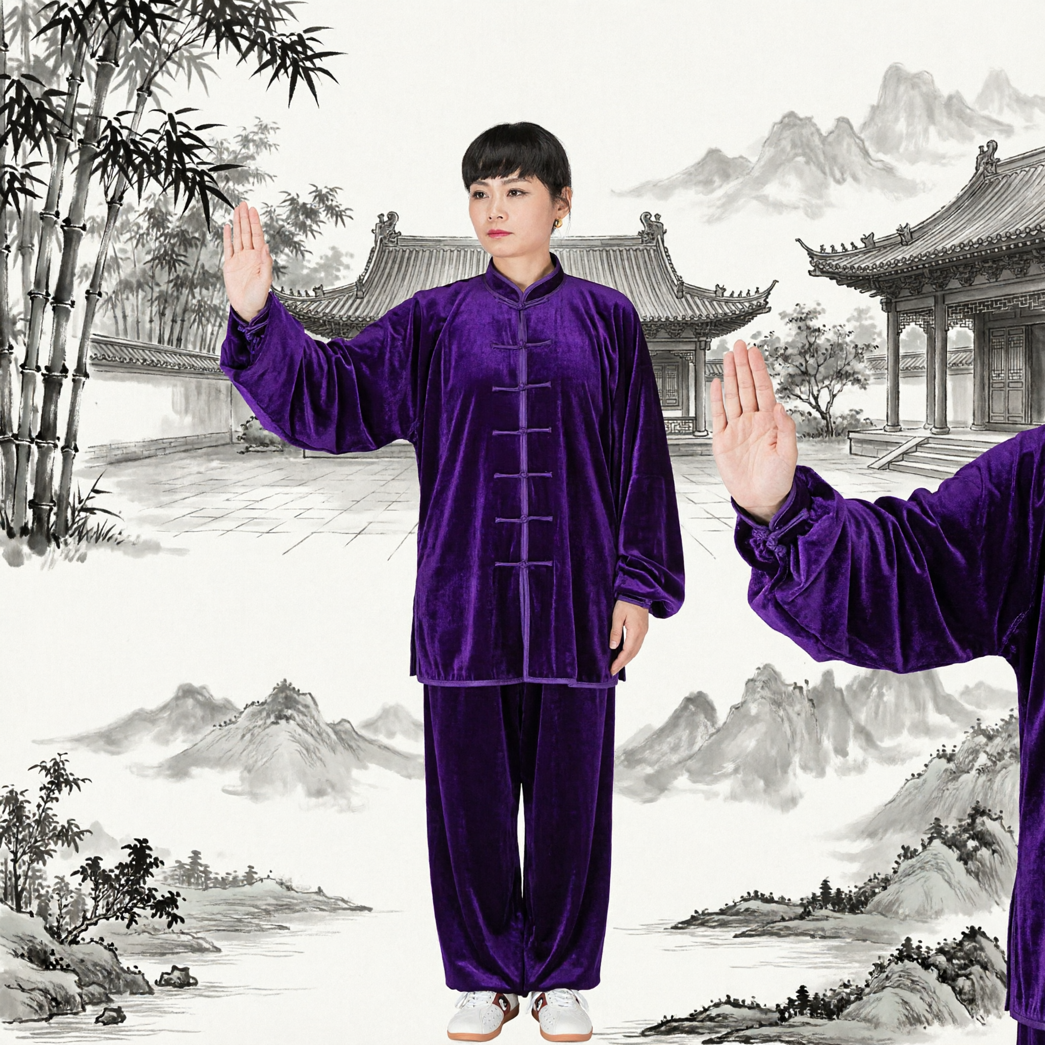 Women's Purple Velvet Tai Chi Uniform Traditional Kung Fu Suit with Mandarin Collar for Martial Arts Practice - Asian Costume