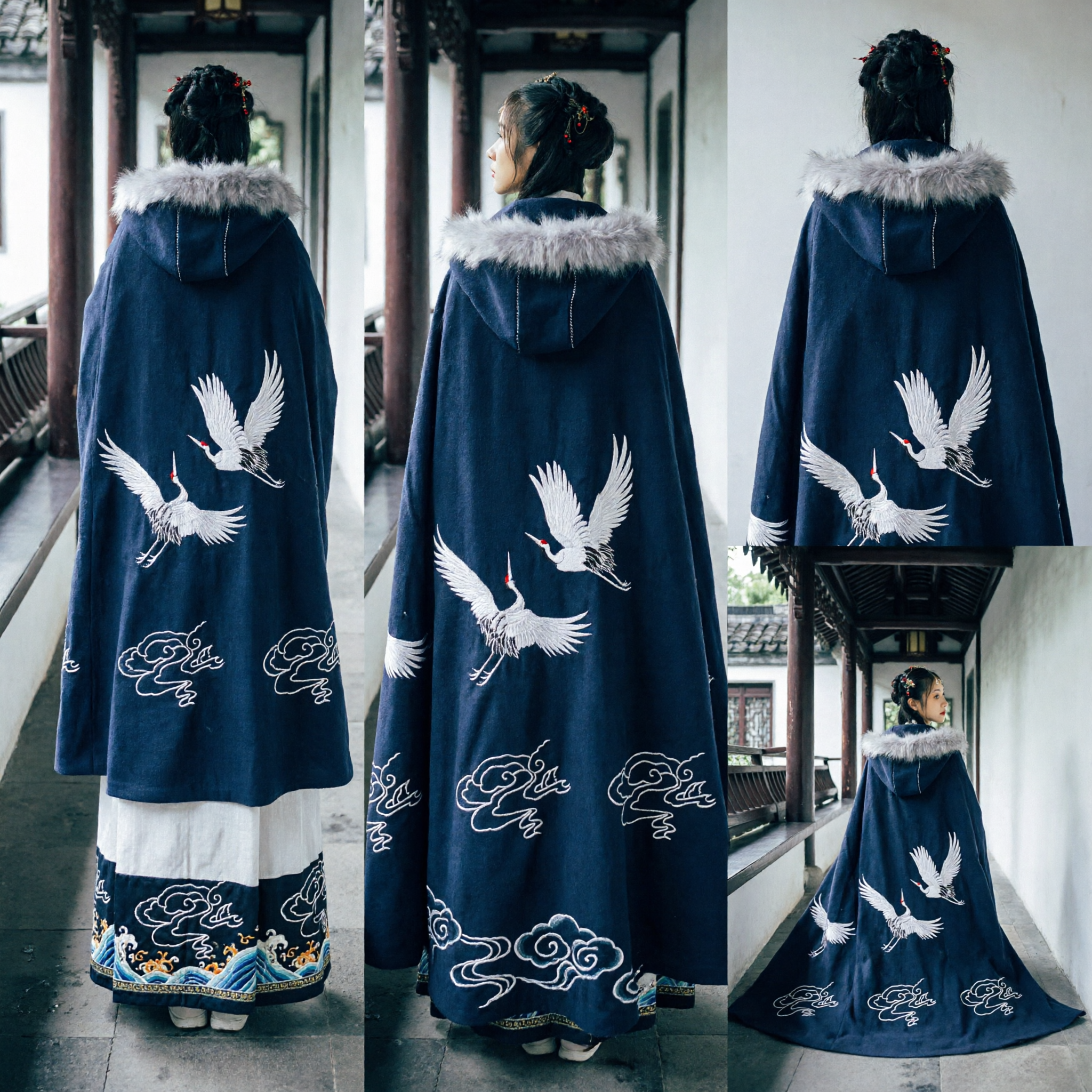 Traditional Chinese Hanfu Winter Cloak for Women Navy Blue Embroidered Crane Cape with Fur Collar Ancient Costume - Asian Costume