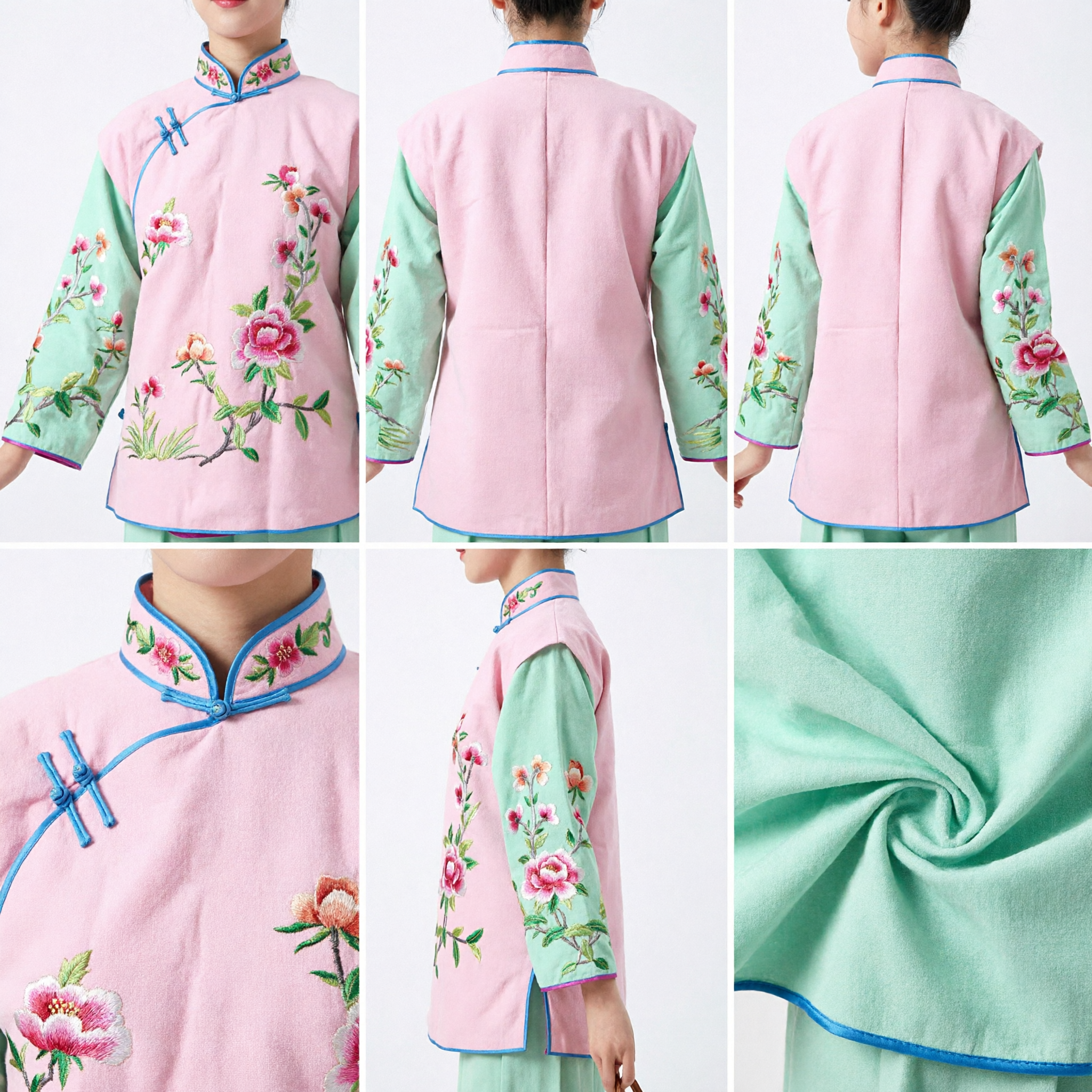 Chinese Traditional Qing Dynasty Manchu Costume Pink and Green Floral Embroidery Robe for Women Stage Performance - Asian Costume