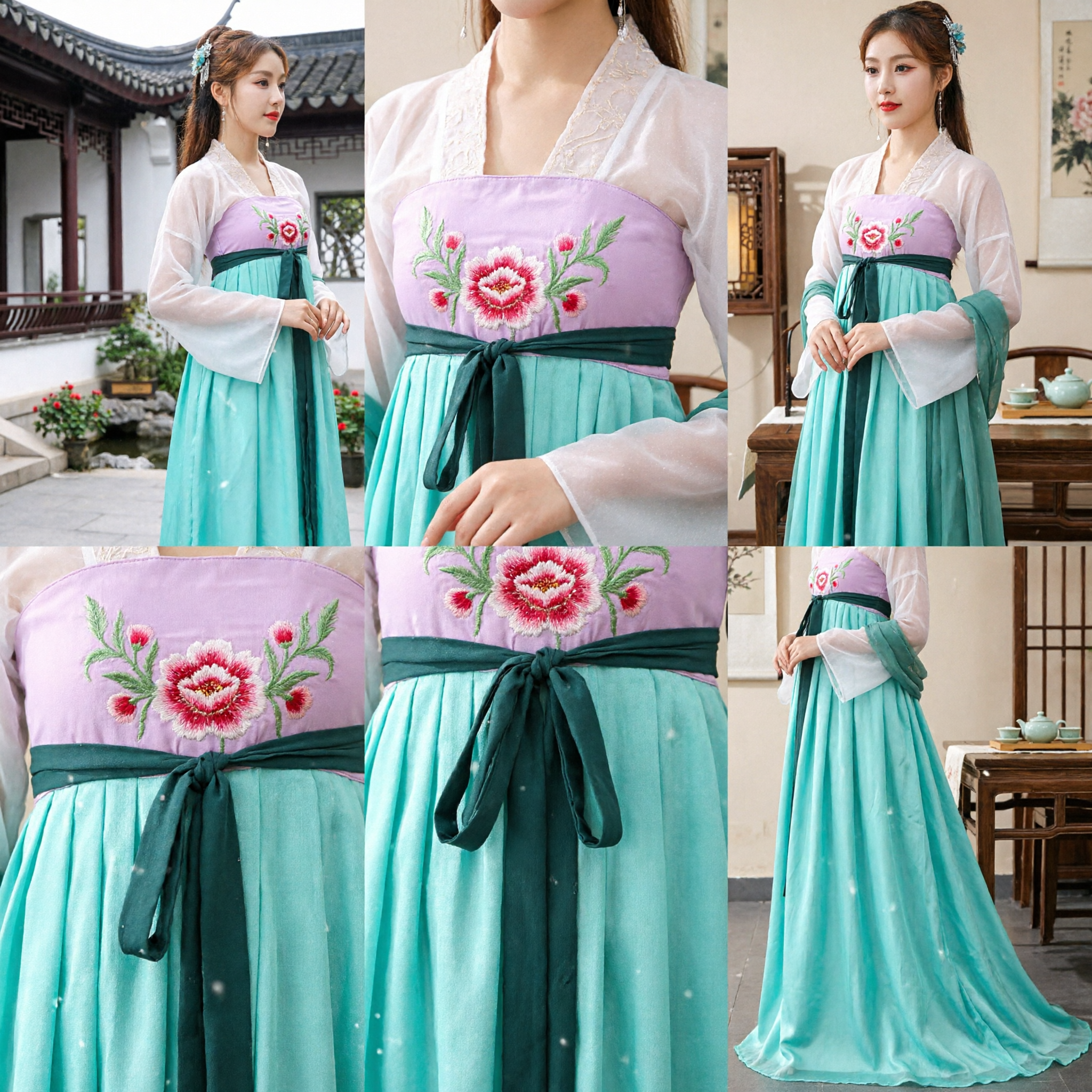 Traditional Chinese Hanfu Costume Women Tang Dynasty Ancient Palace Lady Dress Embroidered Top Teal Long Skirt for Performance - Asian Costume