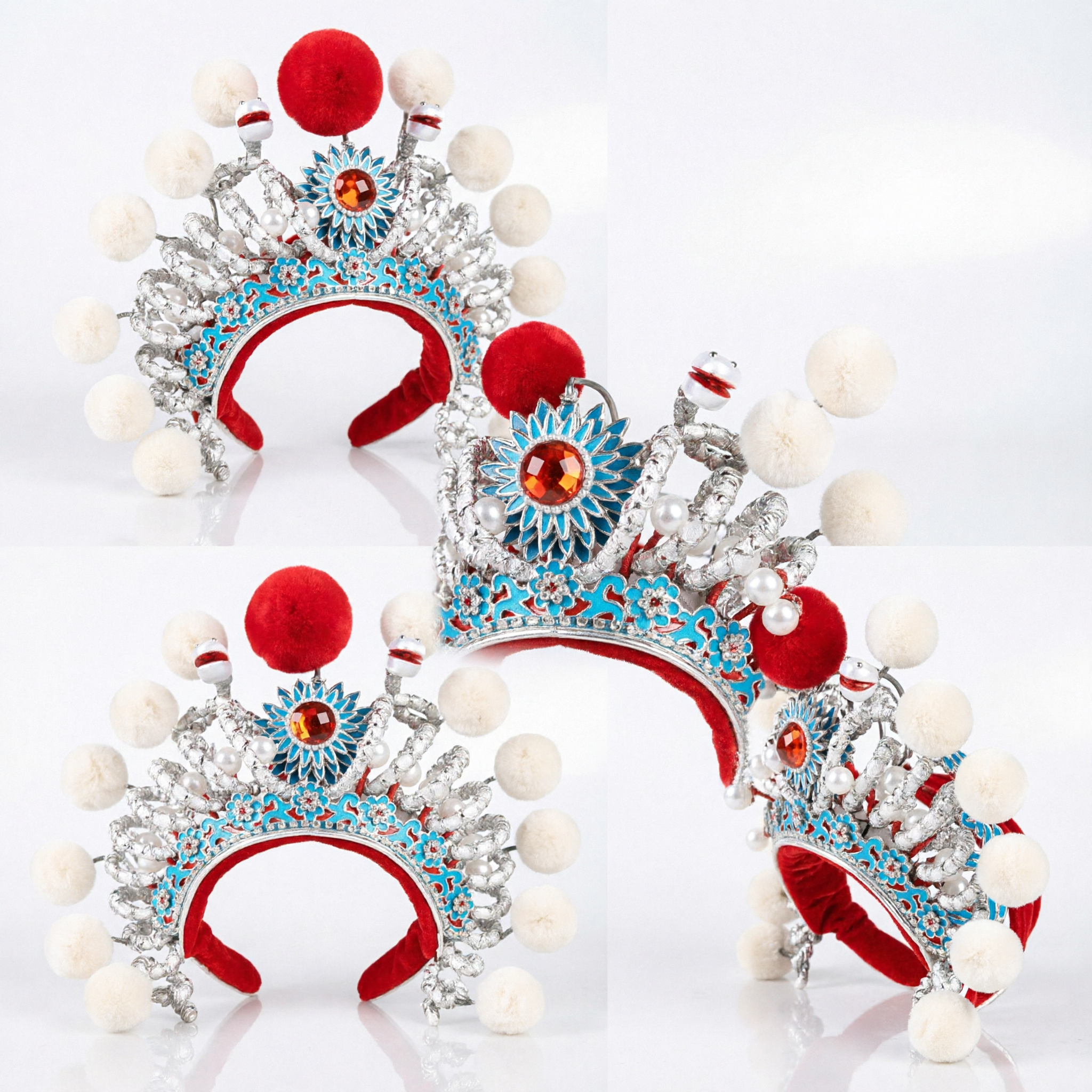 Traditional Chinese Beijing Opera Headdress Blue Phoenix Crown with White Pom Poms for Wedding Hanfu - Asian Costume