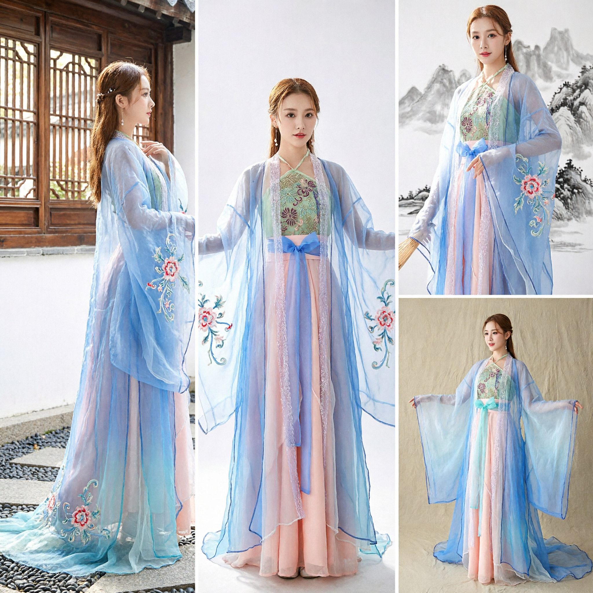 Traditional Chinese Hanfu Ancient Fairy Costume Blue Chiffon Robe Pink Skirt for Women Performance Cosplay - Asian Costume