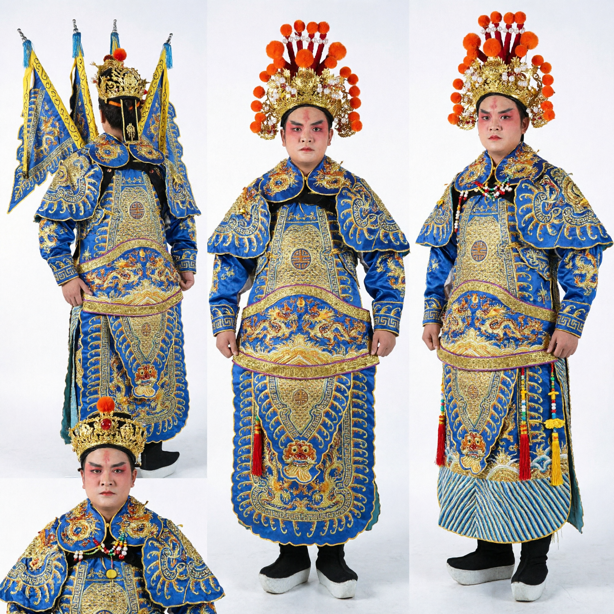 Professional Chinese Peking Opera General Costume Blue Dragon Embroidery Armor with Flags for Stage Performance - Asian Costume