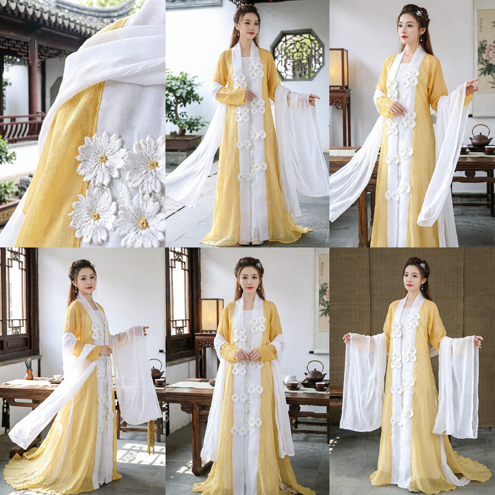 Traditional Chinese Hanfu Yellow Ancient Fairy Dress Floral Robe Costume for Women Dance Performance - Asian Costume