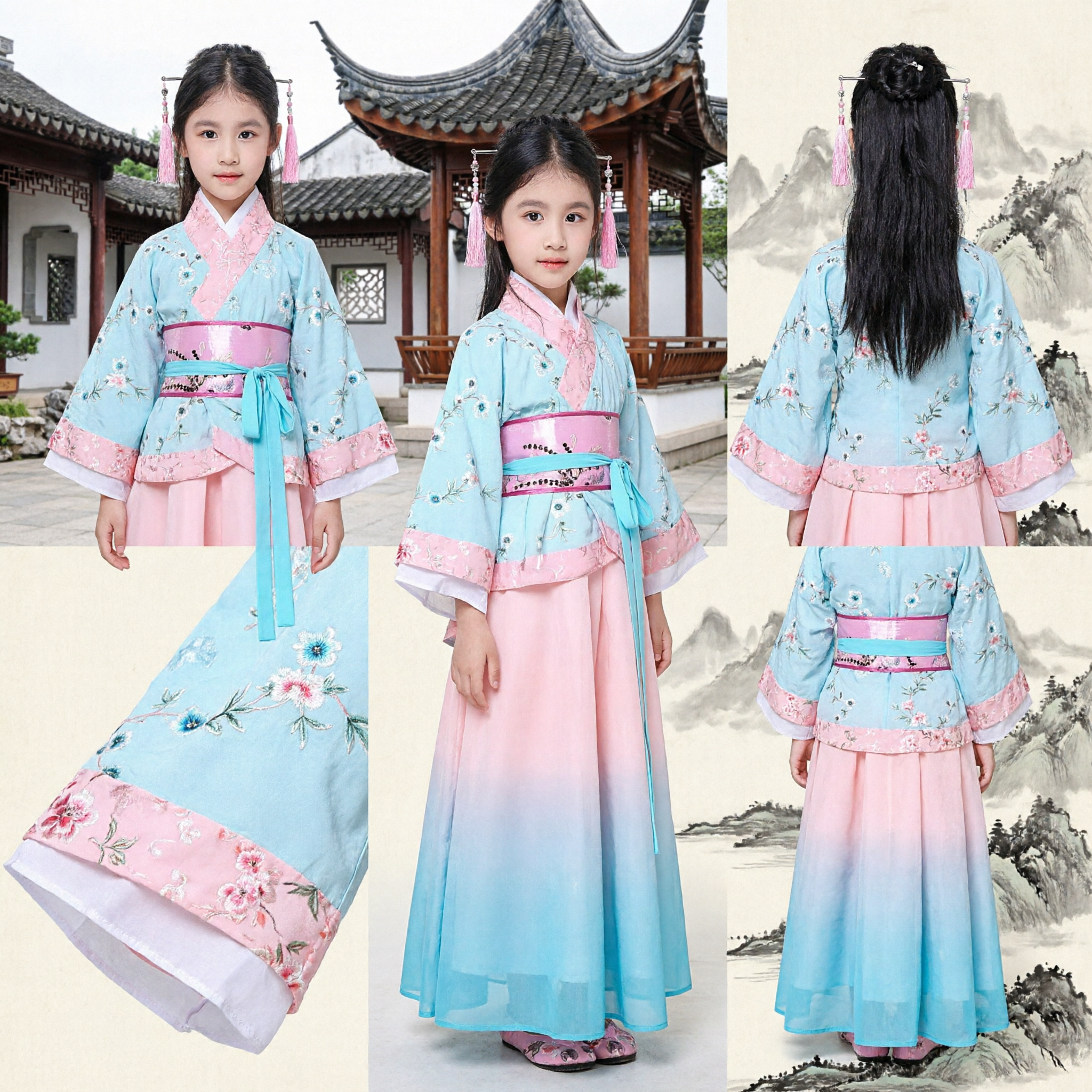 Kids Chinese Traditional Hanfu Dress Girls Ancient Tang Suit Costume for Performance and Festival Pink Blue - Asian Costume