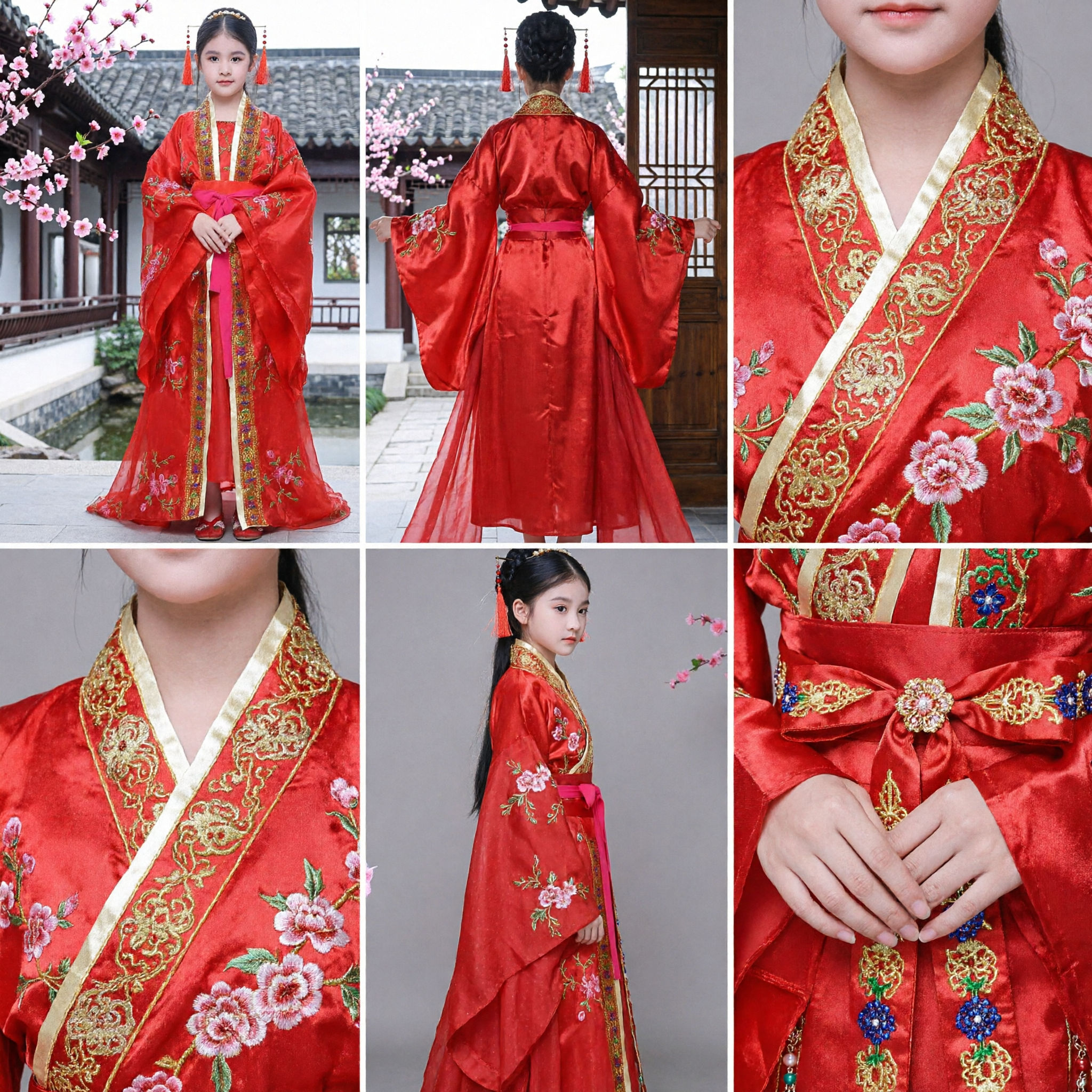 Girls Traditional Chinese Hanfu Red Embroidered Ancient Costume Kids Lunar New Year Festival Dress - Asian Costume