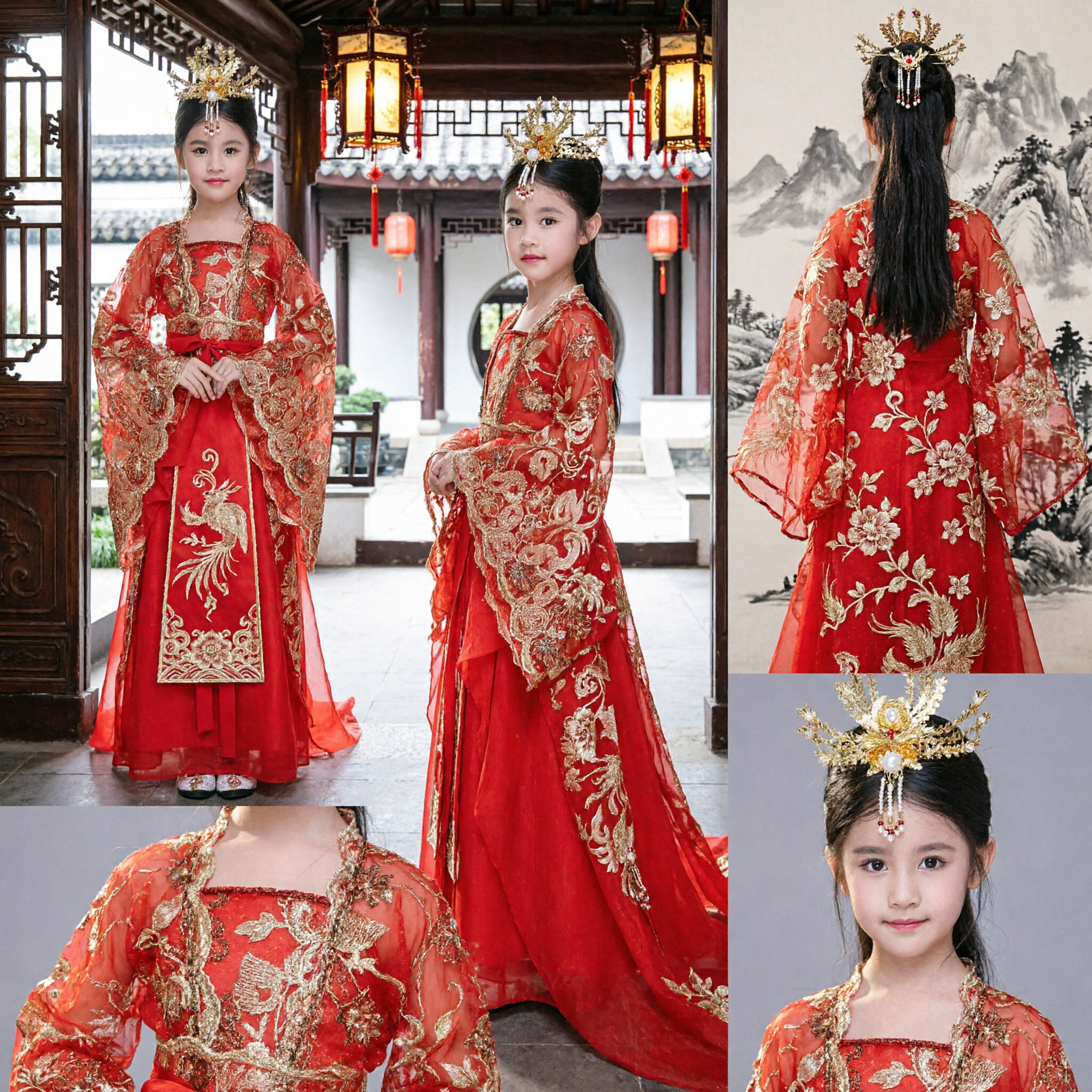Traditional Chinese Red Hanfu Princess Dress for Girls Kids Ancient Wedding Flower Girl Costume with Gold Embroidery - Asian Costume