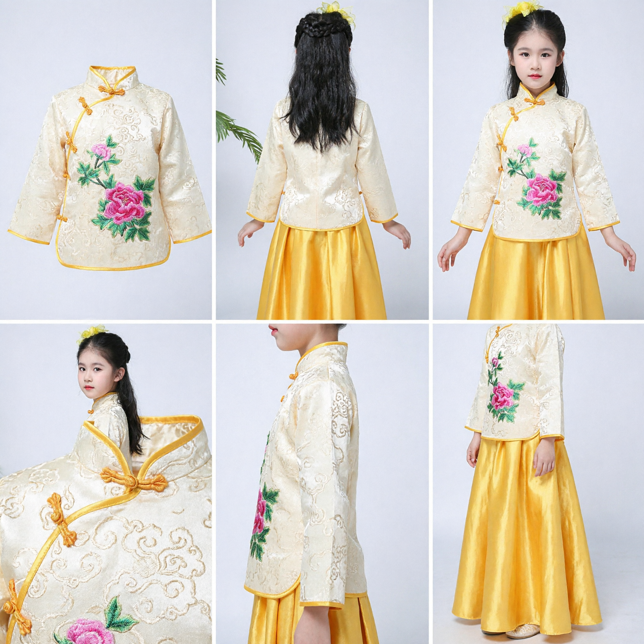 Girls Traditional Chinese Tang Suit Embroidered Top and Yellow Skirt Set Kids Hanfu Costume for Lunar New Year - Asian Costume