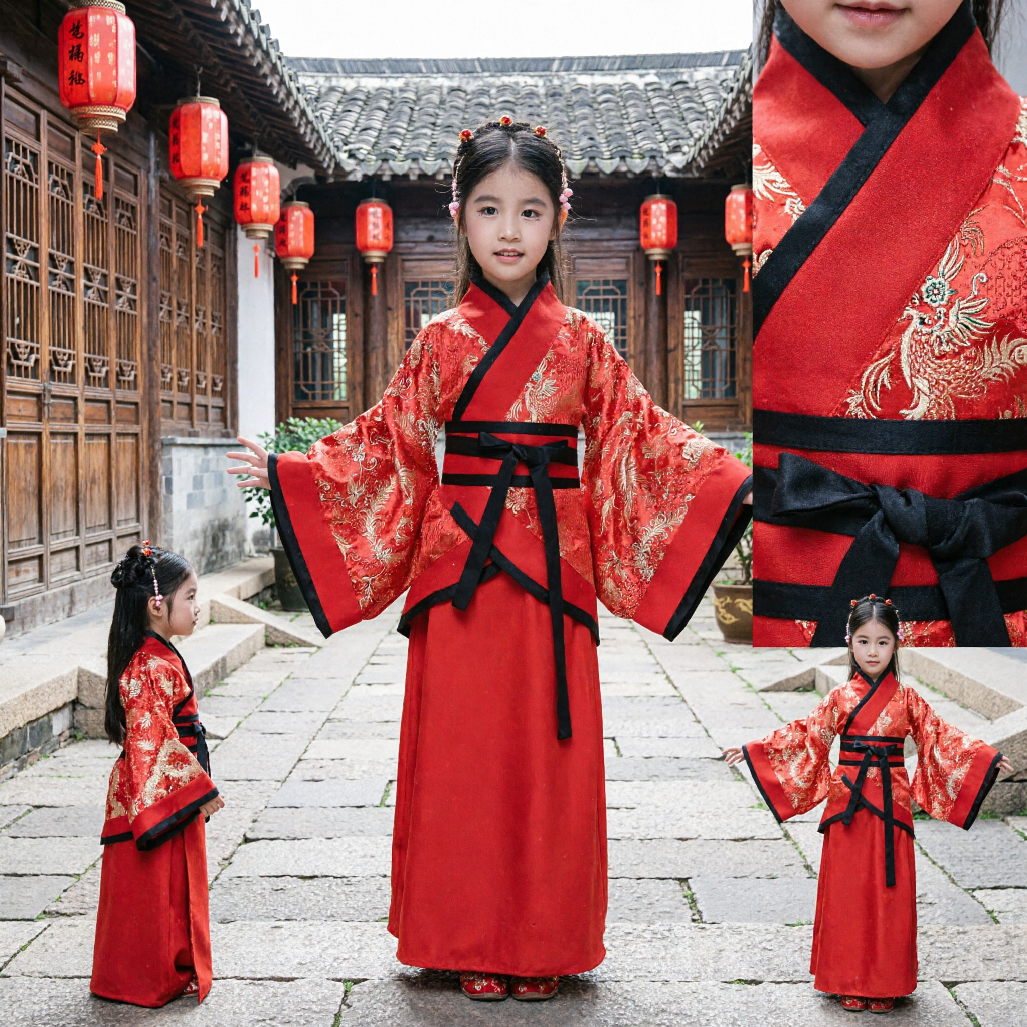 Traditional Chinese Hanfu Kids Costume Red Embroidered Robe for Girls Ancient Clothing Lunar New Year - Asian Costume