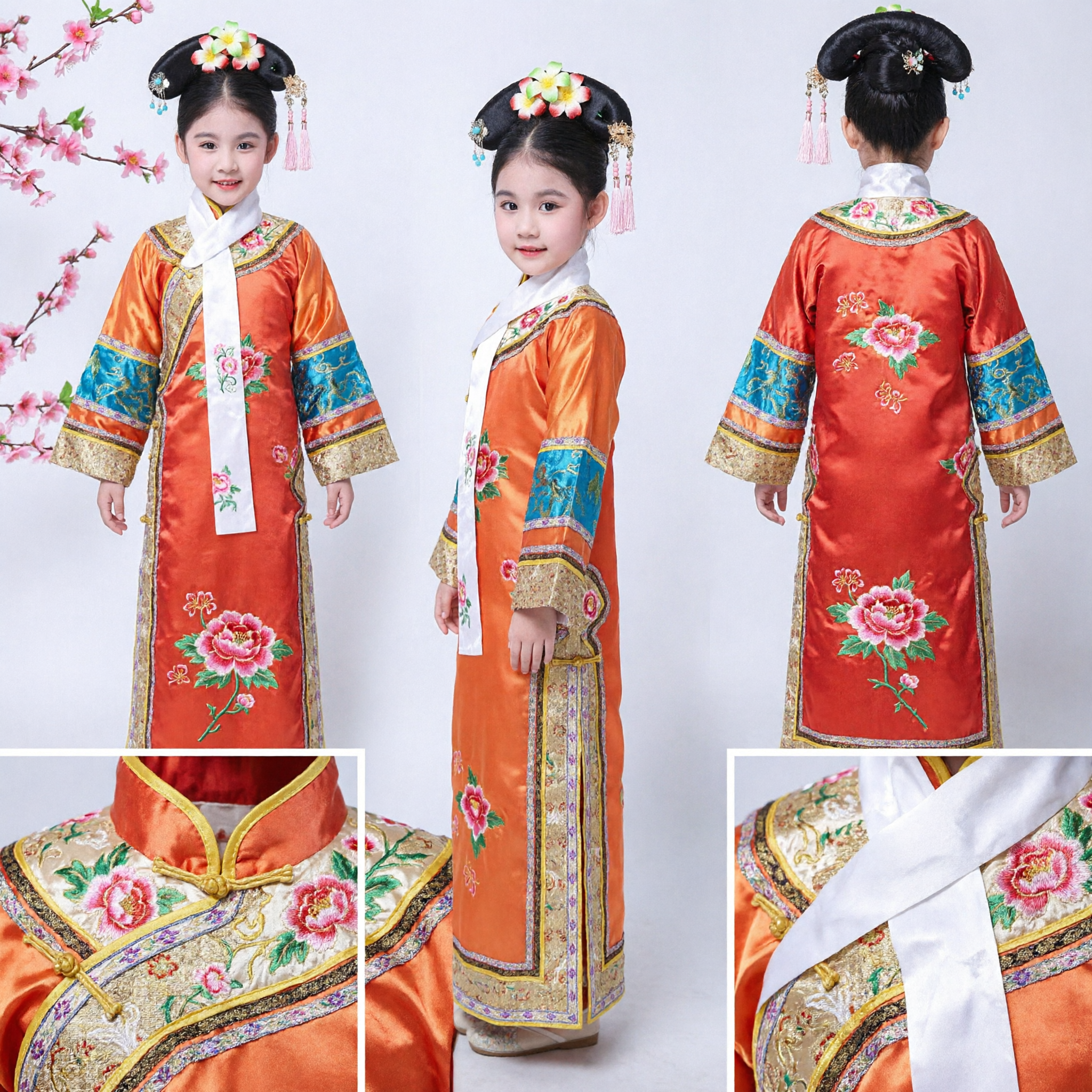 Kids Girls Chinese Traditional Qing Dynasty Princess Costume Orange Manchu Embroidered Robe for Halloween Cosplay - Asian Costume
