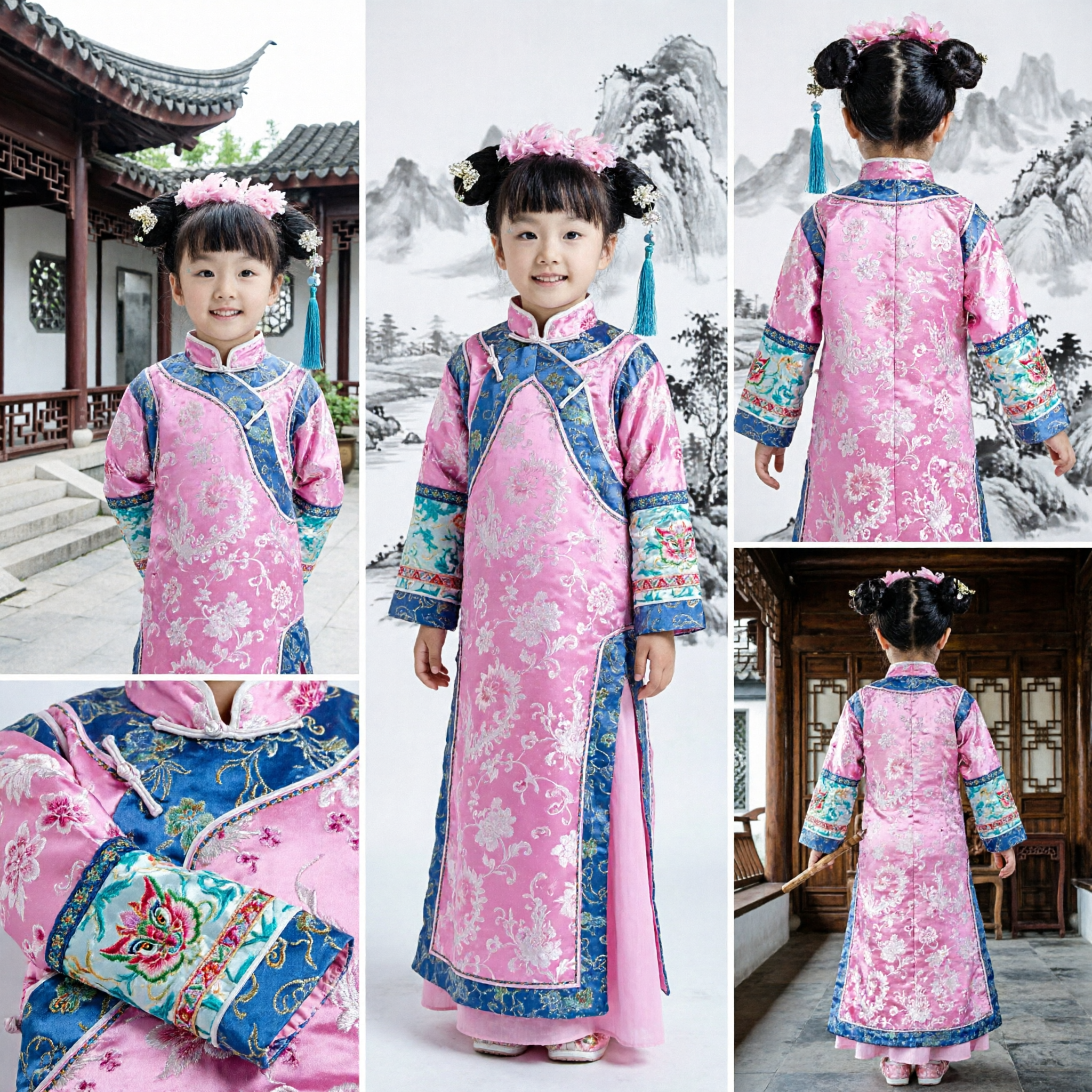 Kids Girls Traditional Chinese Pink Floral Qing Dynasty Palace Princess Costume for Dance Performance - Asian Costume