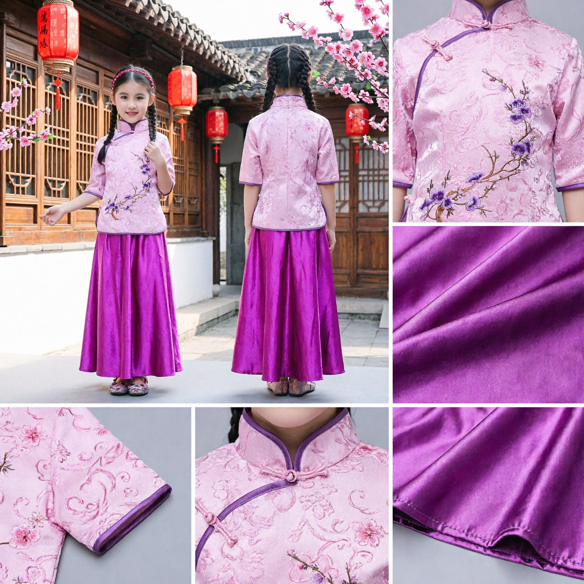 Traditional Chinese Kids Costume Pink Embroidered Tang Suit Top and Purple Satin Skirt Set for Girls Performance - Asian Costume