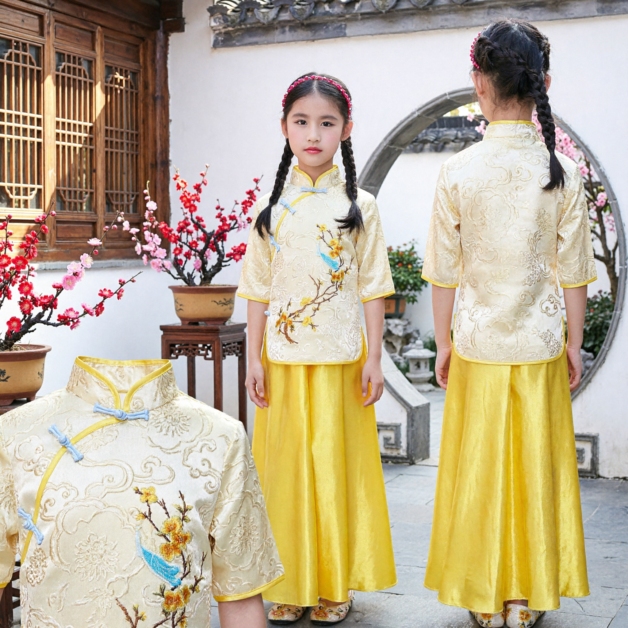 Girls Traditional Chinese Costume Yellow Floral Embroidery Top and Long Skirt Set for Stage Performance - Asian Costume