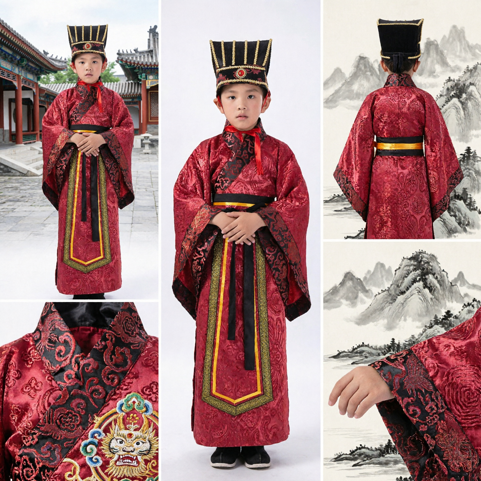 Traditional Chinese Hanfu Costume for Boys Ancient Scholar Red Robe Kids Cultural Performance Wear - Asian Costume