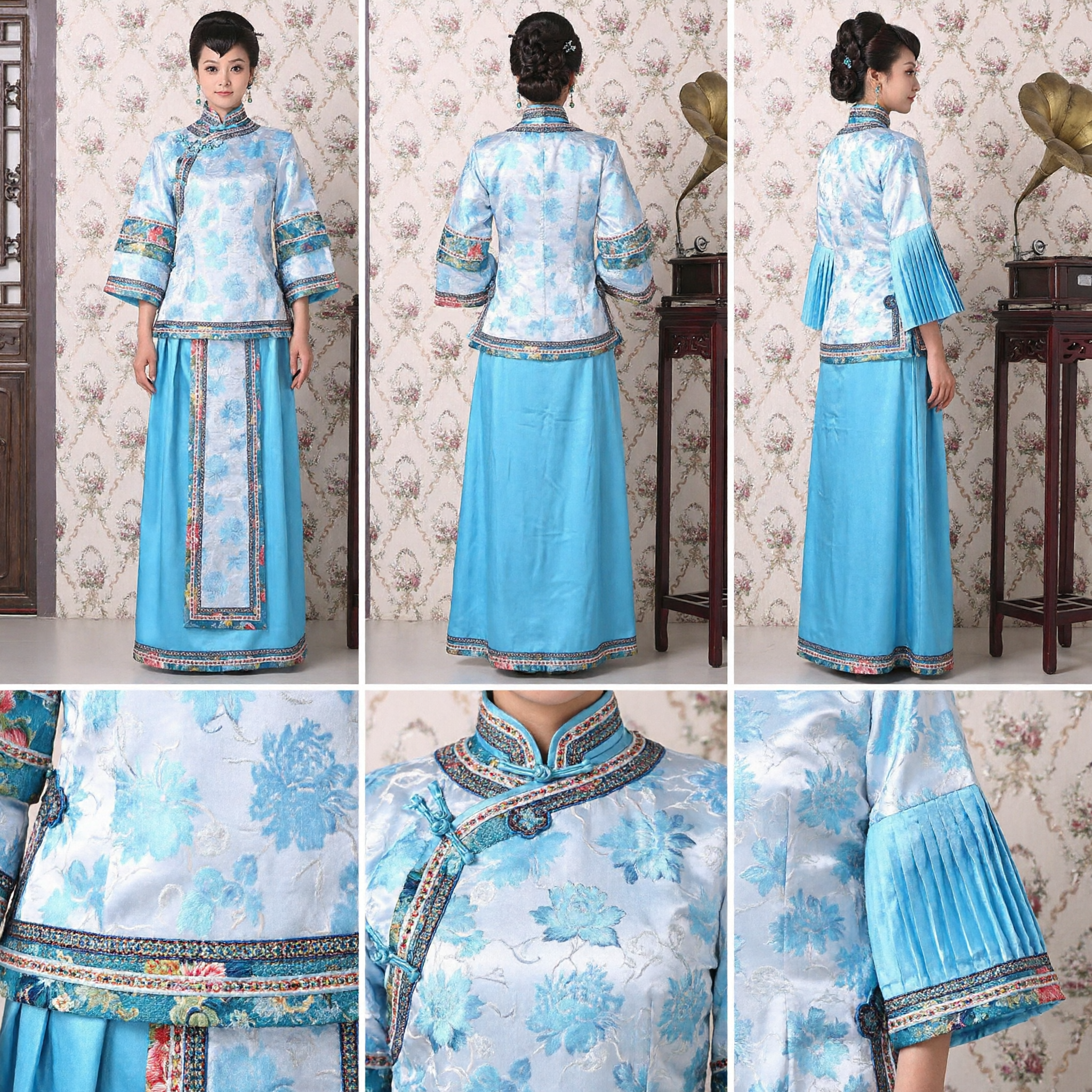 Traditional Chinese Blue Manchu Princess Costume Qing Dynasty Embroidered Two-Piece Set for Stage Performance - Asian Costume