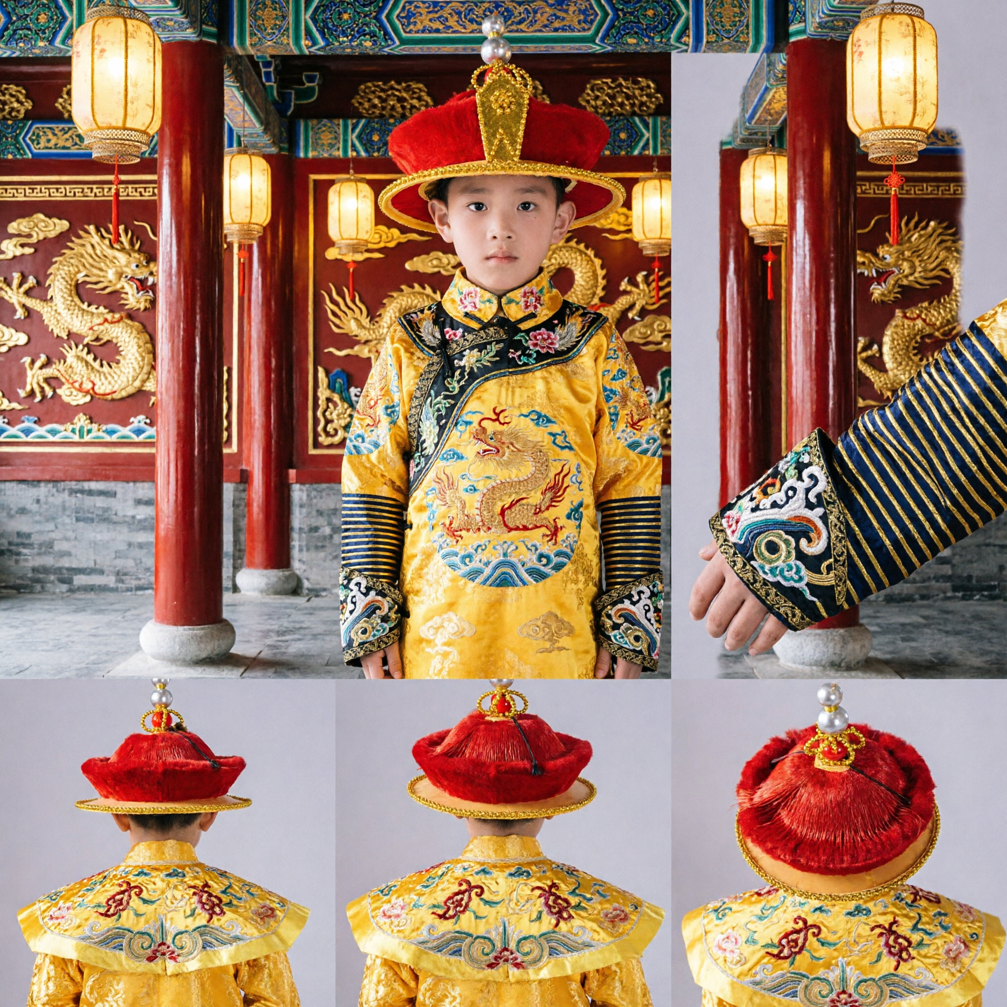 Kids Chinese Emperor Costume Yellow Dragon Robe Qing Dynasty Cosplay Outfit for Boys Halloween Stage Performance - Asian Costume